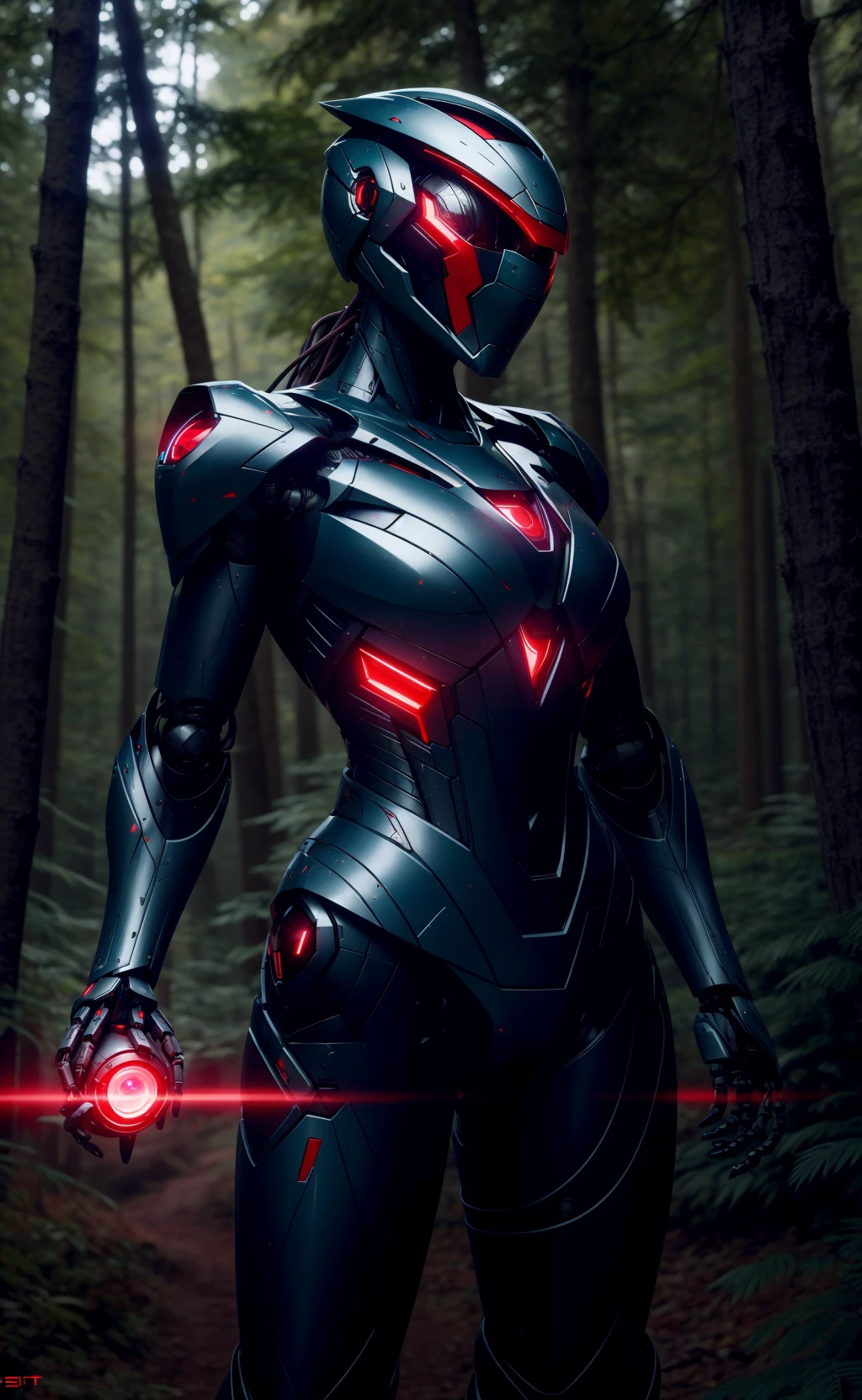 a robot in a forest with a red light on his face, concept art inspired by Eve Ryder, cgsociety contest winner, sots art, female mecha,  beutiful girl cyborg, helmet