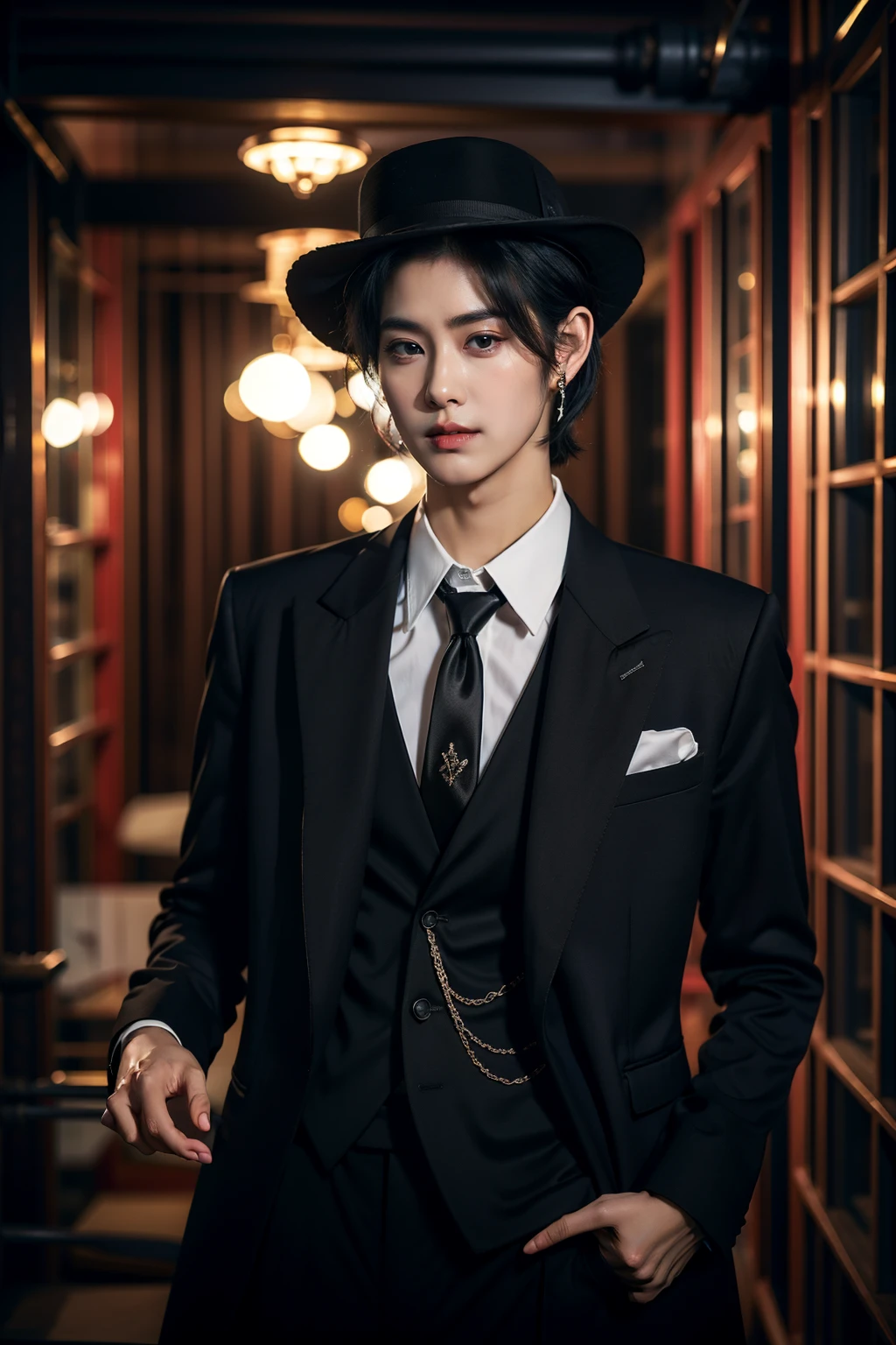 sd mai, Suit thug, solo, jewelry, necktie, blurry background, hat, black hair, blurry, earrings, 1girl, formal, shirt, suit, white shirt, collared shirt, stud earrings, jacket, lips, short hair, holding, hand in pocket, vest, depth of field, black necktie, necklace
<lora:è¥¿è£æ´å¾Suit thug:0.8>,