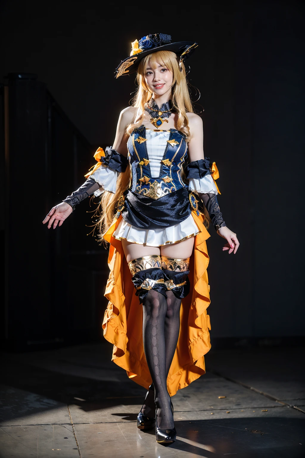best quality, masterpiece, photorealistic, 1girl, solo, standing, full body, looking at viewer, closed mouth, smile, navia cosplay costume, navia, cosplay, blonde hair, hat, headwear, dress, detached sleeves, bare shoulders, single glove, thighhighs, print legwear, high heels, breasts, <lora:genshin_Navia_cosplay_v1:0.7>