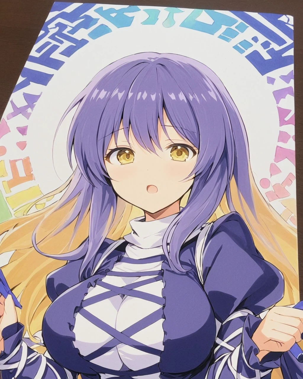 hijiri byakuren,1girl, solo, traditional_media, large_breasts, open_mouth, upper_body, cross-laced_clothes, juliet_sleeves, looking_at_viewer, holding, :d, sorcerer's_sutra_scroll, layered_dress, marker_\(medium\), white_dress
<lora:hijiri_byakuren_image2907_2023-12-20:1>,star-shaped_pupils,symbol-shaped_pupils,. gorgeous,key visual, vibrant, studio anime,award-winning, professional, highly detailed,high budget, cinemascope