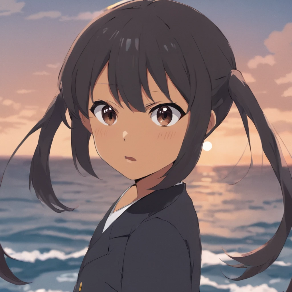 A masterpiece anime professional digital art of a girl named Nakano Azusa looking angry standing by ocean, tanned skin, brown skin, closeup portrait, in style of Kyoto Animation, K-ON style <lora:azusa_xl-000012:1>
