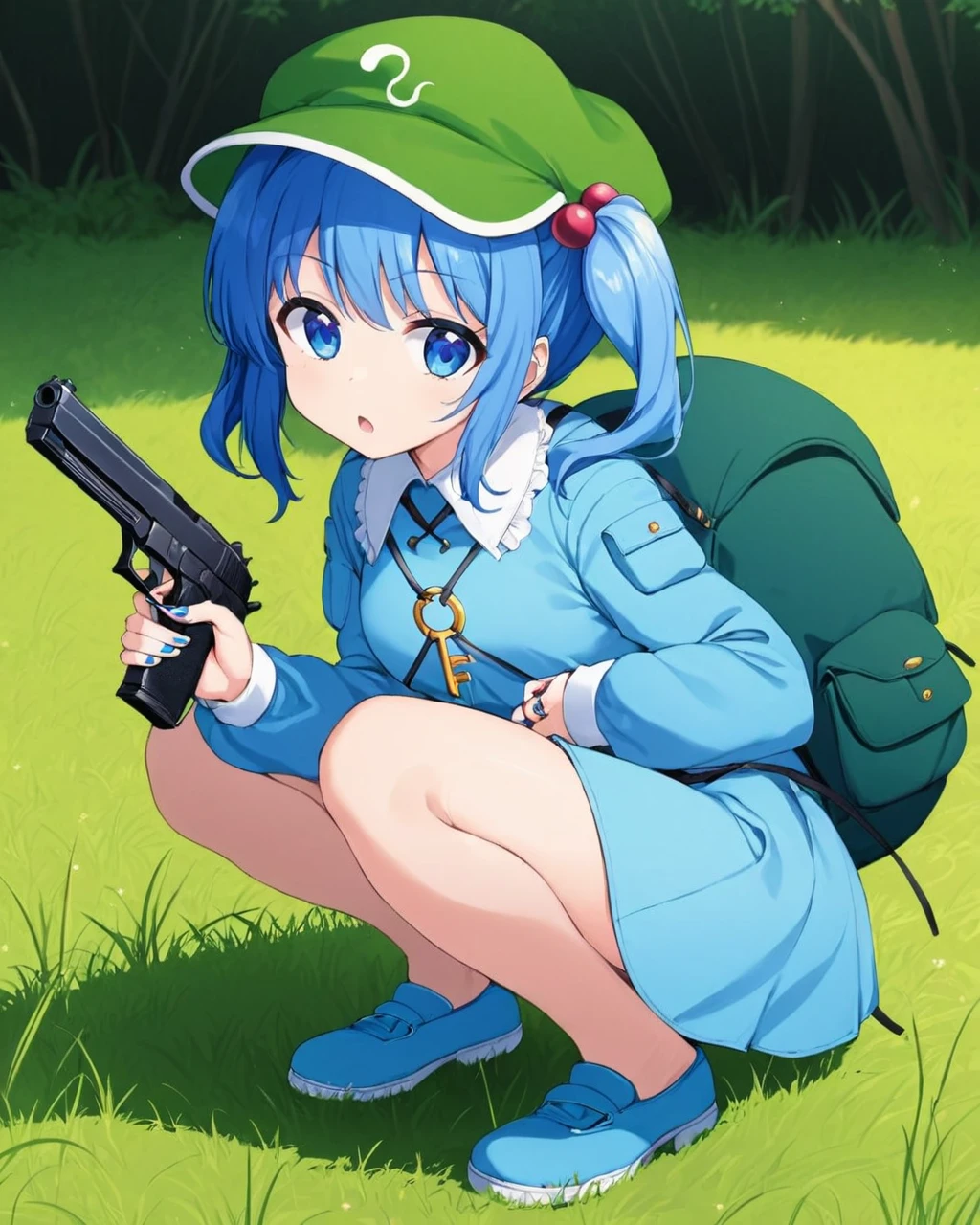 kawashiro nitori,1girl, solo, hair_bobbles, holding_gun, backpack, grass, blue_footwear, two_side_up, handgun, looking_at_viewer, long_sleeves, open_mouth, blue_nails, twintails, squatting, green_headwear, full_body, nail_polish, white_background, sidelocks, flat_cap, skirt
<lora:kawashiro_nitori_image4714_2023-12-17:1>,star-shaped_pupils,symbol-shaped_pupils,. gorgeous,key visual, vibrant, studio anime,award-winning, professional, highly detailed,high budget, cinemascope