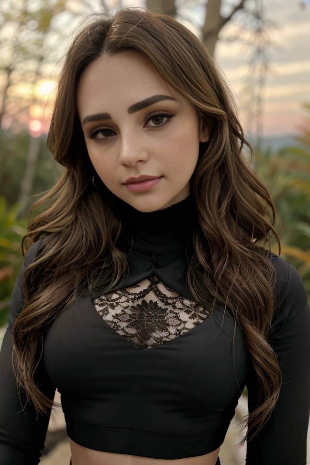 <lora:Rosanna Pansino:1>, headshot, 1girl, beautiful, sunset, beautiful sunset, cloudy, forest, nature hike,BREAK
tight yoga pants, lace (turtleneck) sports bra, BREAK
makeup, straight hair, pale skin, fair skin, white skin, BREAK