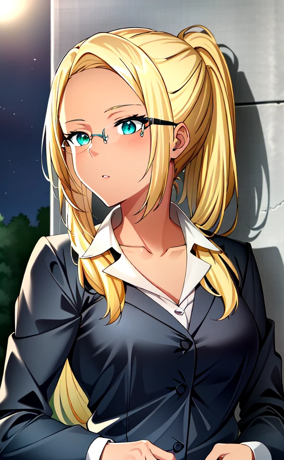 (extremely detailed CG unity 4k wallpaper),(masterpiece),(best quality),(ultra-detailed),(best illustration),(best shadow),(absurdres),(detailed background), <lora:OGT_Ashe-v2:0.8> Ashe, 1girl, solo, blonde hair, glasses, long hair, ponytail, dark skin, green eyes, dark-skinned female, outdoors, night sky, standing