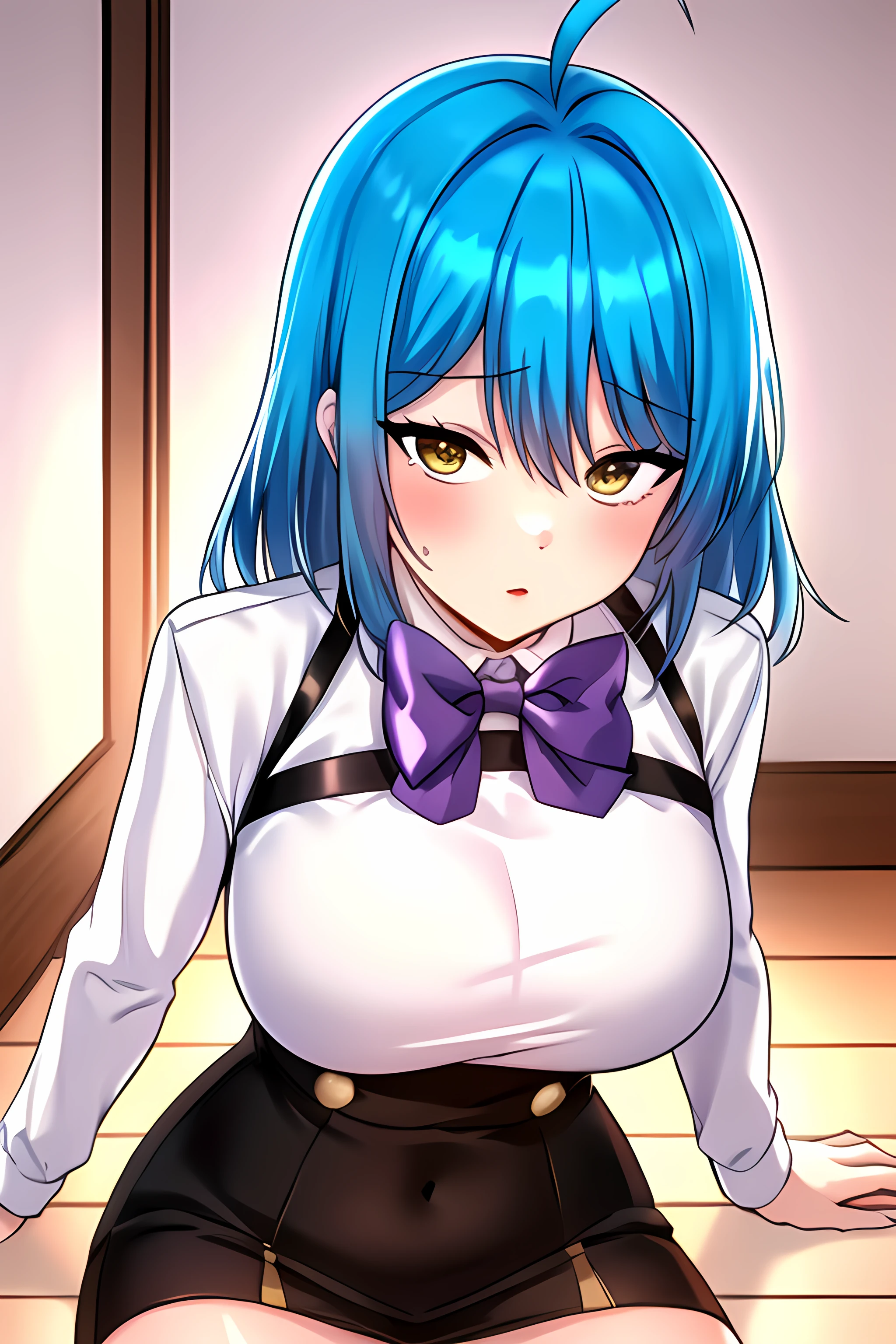 ((masterpiece, best quality)), 1girl, sitting,solo, ahoge, lucy \(uniform\) \(seka\),(bare hands), bangs, blue_hair, blush, breasts,cowboy_shot,eyebrows_visible_through_hair, hair_between_eyes,large_breasts, long_sleeves, looking_at_viewer, shirt, skirt, (white_shirt), yellow_eyes,purple_bow, purple_bowtie,bare legs,,,,,extremely detailed CG unity 8k wallpaper, perfect lighting,Colorful, Bright_Front_face_Lighting,White skin, (masterpiece:1.0),(best_quality:1.0), ultra high res,4K,ultra-detailed, photography, 8K, HDR, highres, absurdres:1.2, Kodak portra 400, film grain, blurry background, bokeh:1.2, lens flare, vibrant_color,professional photograph,bow breasts, (beautiful_face:1),(narrow_waist),(Beautiful  large breasts),Beautiful Finger,Beautiful long legs,Beautiful body,Beautiful Nose,Beautiful character design, perfect face,perfect balance,(2d)