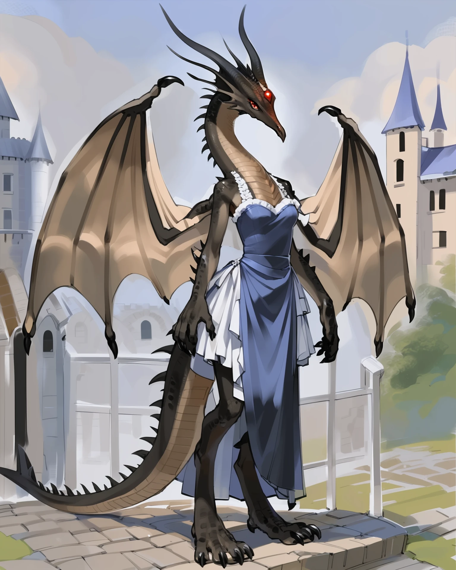 <lora:DS_Kalameet_a1_5_VPred:1>,
character portrait of a,female,anthro,kalameet,solo,hi res,
detailed background,outdoors,by kame 3,red eyes,wings,castle,full-length portrait,dress,tail,forehead gem,