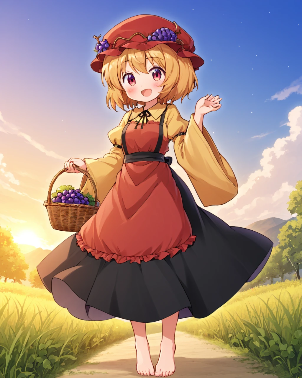 aki minoriko,1girl, solo, barefoot, grapes, mob_cap, looking_at_viewer, basket, full_body, open_mouth, holding, black_skirt, red_headwear, wide_sleeves, red_apron, outdoors, smile, yellow_shirt, blush, juliet_sleeves, standing, gradient_sky
<lora:aki_minoriko_image2428_2023-12-14:1>,star-shaped_pupils,symbol-shaped_pupils,. gorgeous,key visual, vibrant, studio anime,award-winning, professional, highly detailed,high budget, cinemascope