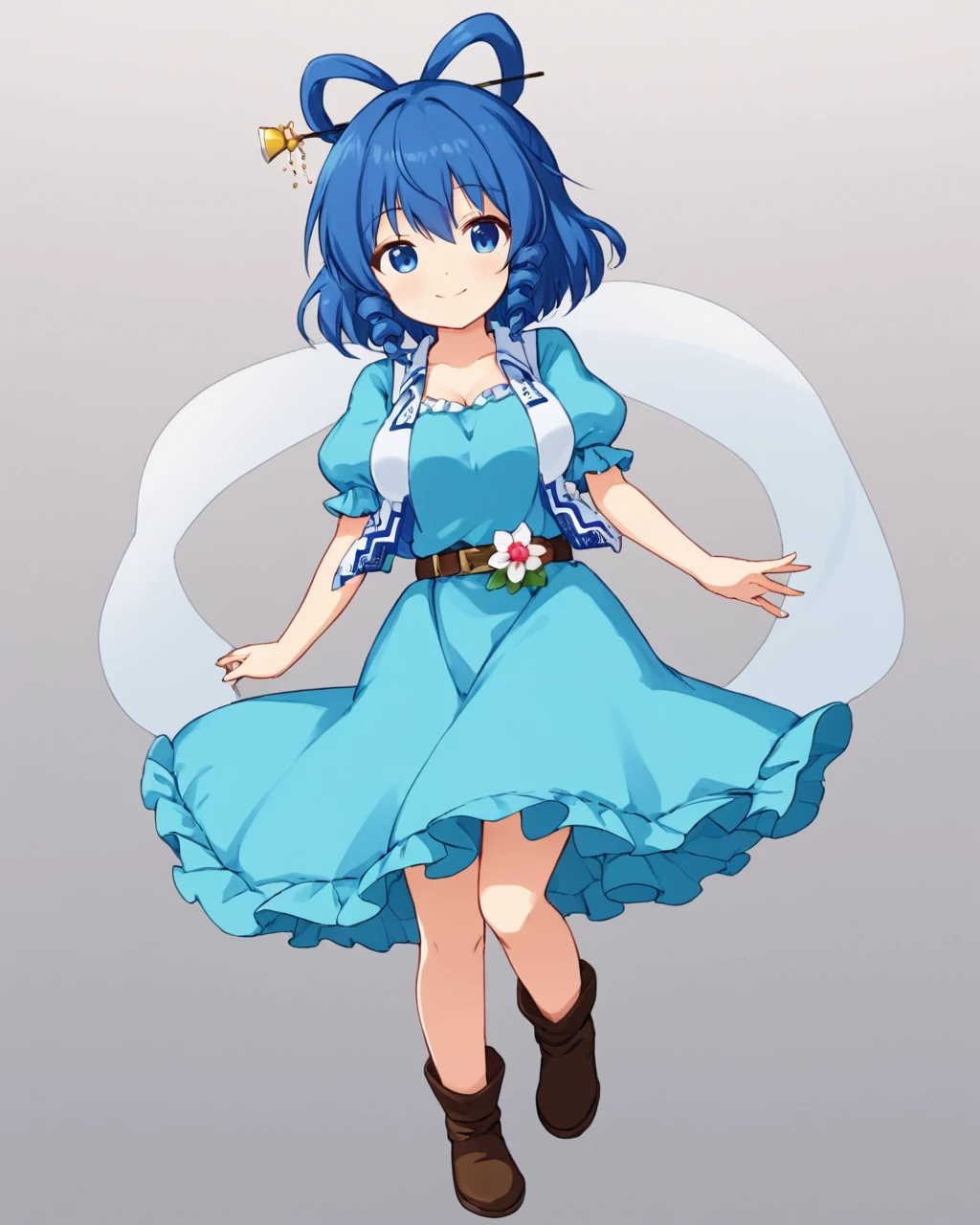 kaku seiga,1girl, solo, hair_stick, blue_dress, skirt_hold, hair_rings, boots, smile, full_body, looking_at_viewer, white_vest, grey_background, flower, puffy_short_sleeves, simple_background, open_vest, closed_mouth, belt, breasts, branch, standing, hagoromo
<lora:kaku_seiga_image5477_2023-12-20-000009:1>,star-shaped_pupils,symbol-shaped_pupils,. gorgeous,key visual, vibrant, studio anime,award-winning, professional, highly detailed,high budget, cinemascope