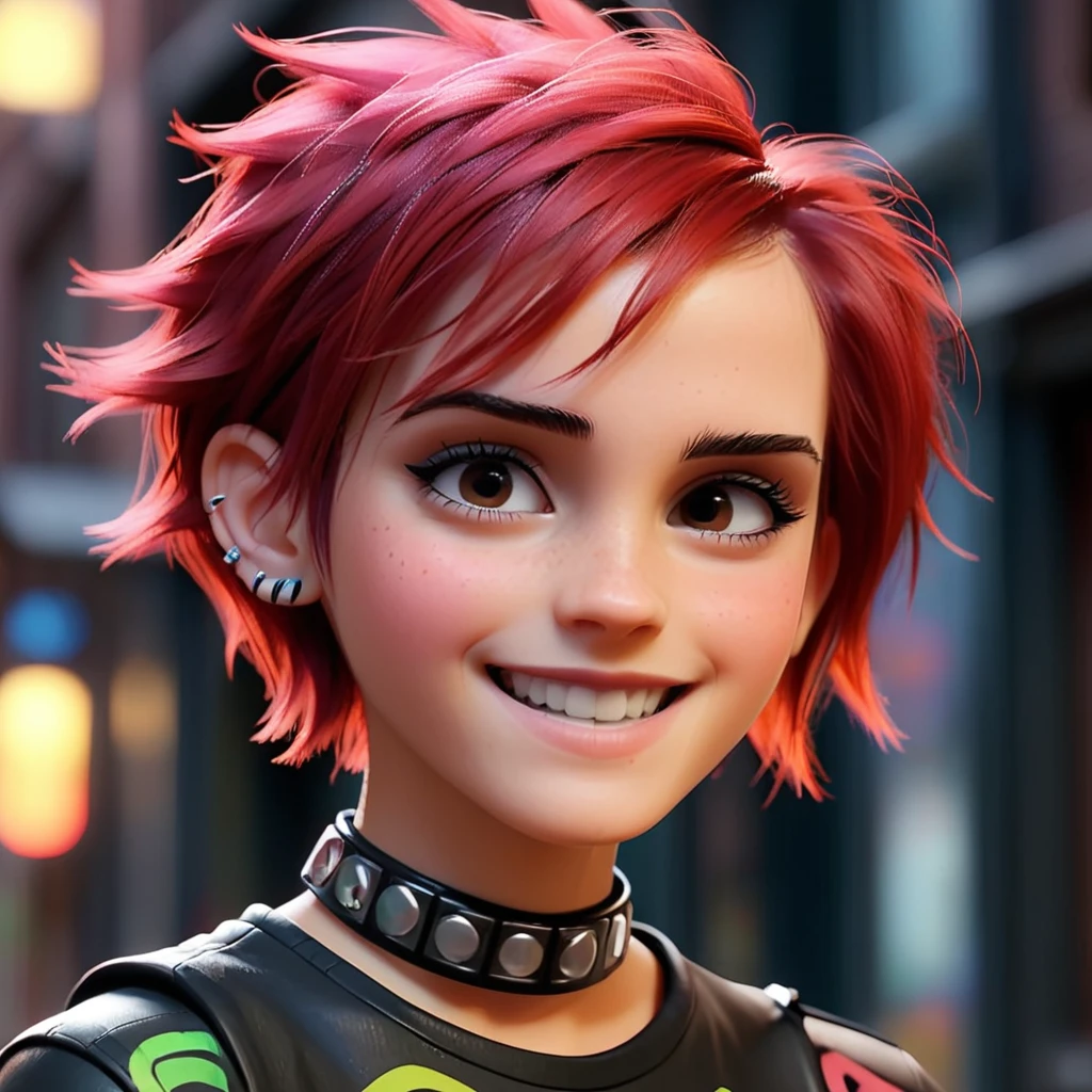 Pixar animation of a pretty punk woman with a choker with short hair   <lora:emwatson_xl_1_standard_merge_29_72_100_03_03_05:1>, beautiful subtle smile