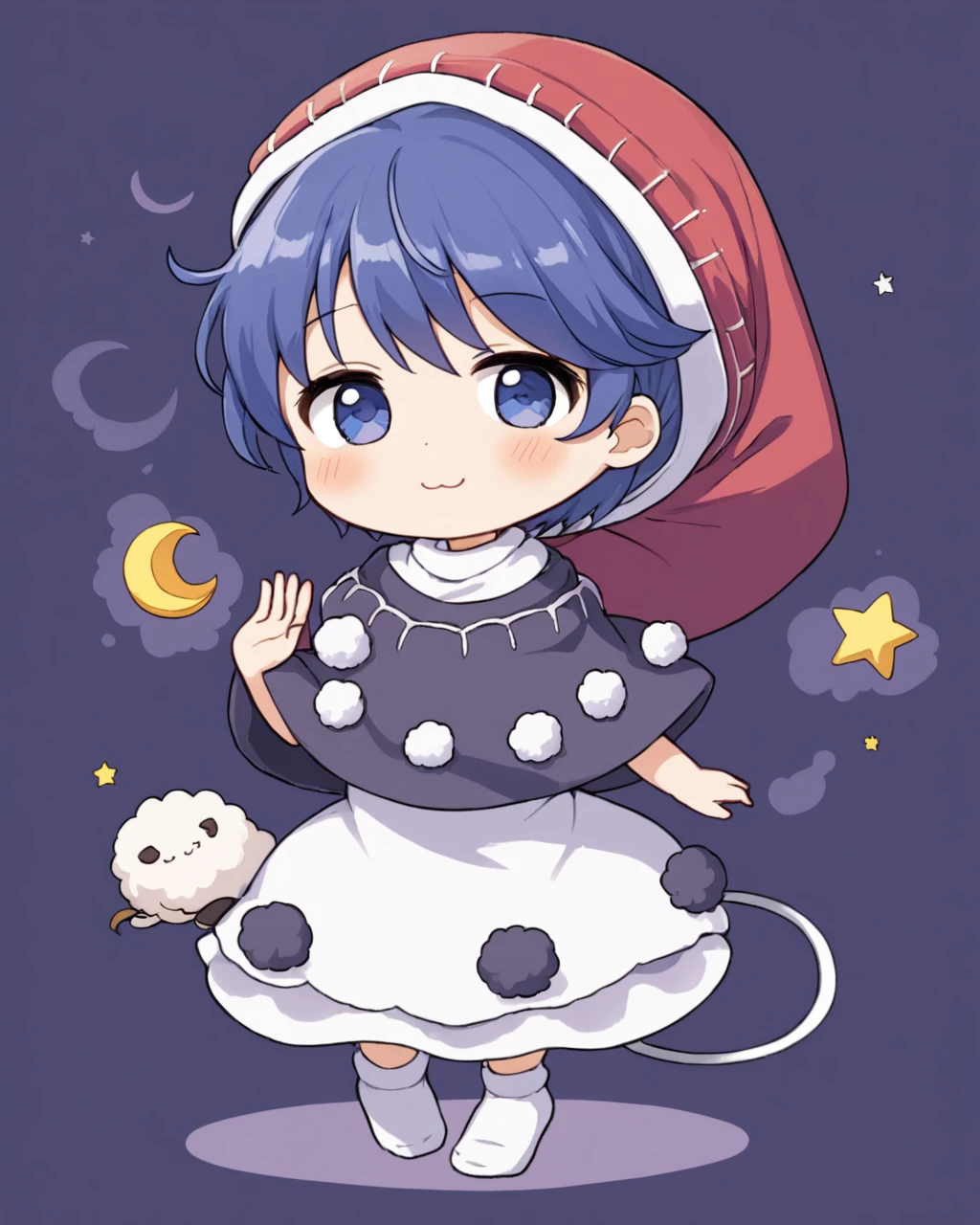 doremy sweet,1girl, nightcap, solo, pom_pom_\(clothes\), sheep, red_headwear, black_capelet, crescent_moon, star_\(symbol\), tapir_tail, looking_at_viewer, :3, chibi, blush, full_body, white_dress, holding, smile, socks, parted_lips, animal
<lora:doremy_sweet_image2053_2023-12-20-000010:1>,star-shaped_pupils,symbol-shaped_pupils,. gorgeous,key visual, vibrant, studio anime,award-winning, professional, highly detailed,high budget, cinemascope