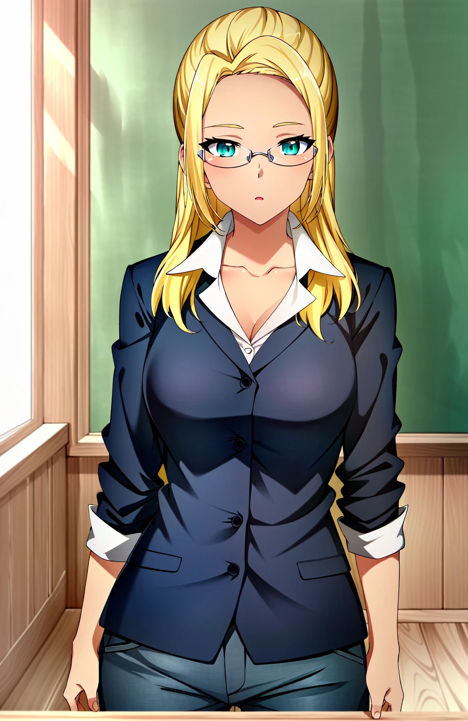 (extremely detailed CG unity 4k wallpaper),(masterpiece),(best quality),(ultra-detailed),(best illustration),(best shadow),(absurdres),(detailed background), <lora:OGT_Ashe-v2:0.8> Ashe, 1girl, solo, blonde hair, glasses, dark skin, long hair, dark-skinned female, teacher, looking at viewer, hallway, standing, upper body, breasts, green eyes