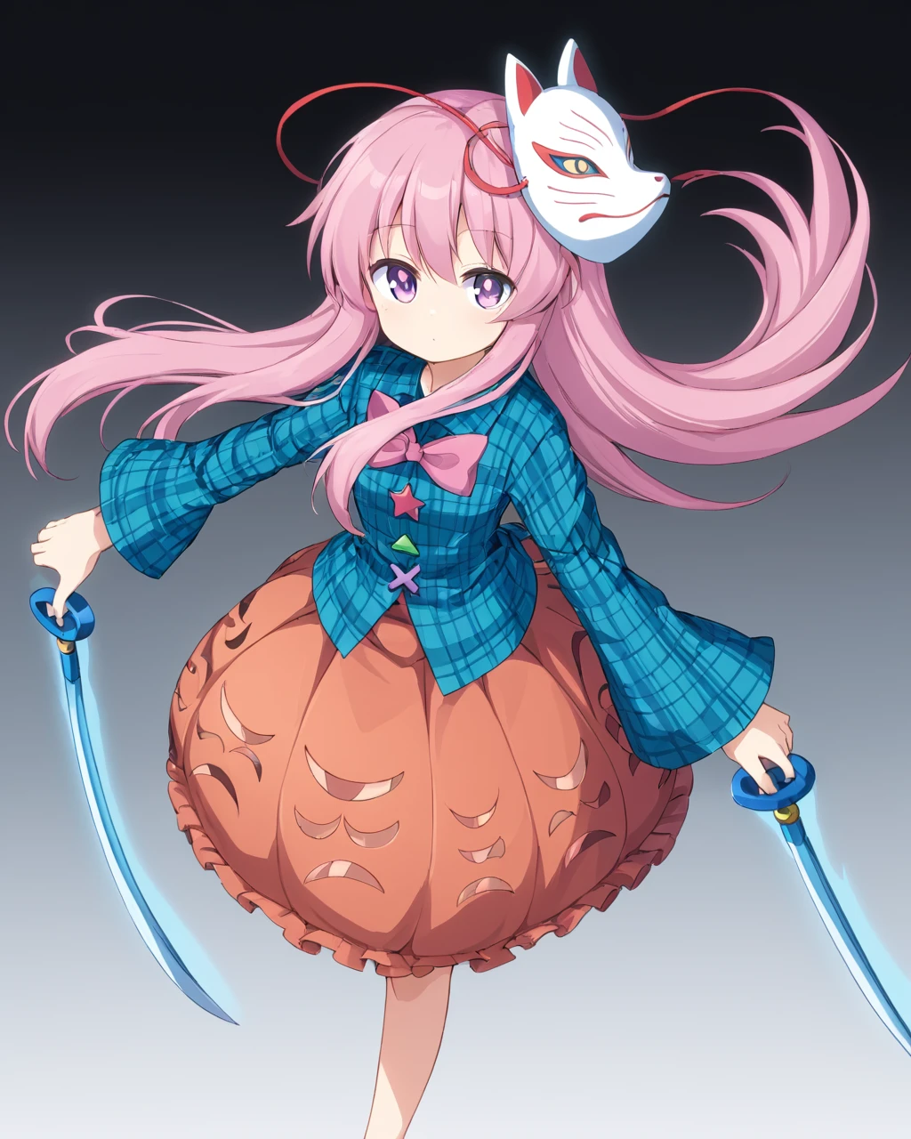 hata no kokoro,1girl, solo, long_sleeves, fox_mask, plaid_shirt, bow, bubble_skirt, naginata, looking_at_viewer, white_background, simple_background, expressionless
<lora:hata_no_kokoro_image5070_2023-12-20:1>,star-shaped_pupils,symbol-shaped_pupils,. gorgeous,key visual, vibrant, studio anime,award-winning, professional, highly detailed,high budget, cinemascope