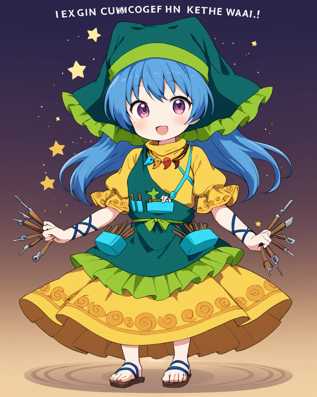 haniyasushin keiki, haniwa_\(statue\), 1girl, head_scarf, sandals, green_apron, yellow_dress, magatama_necklace, green_headwear, open_mouth, single_strap, tools, holding, :d, english_text, arm_ribbon
<lora:haniyasushin_keiki_image1264_2023-12-20-000014:1>,star-shaped_pupils,symbol-shaped_pupils,. gorgeous,key visual, vibrant, studio anime,award-winning, professional, highly detailed,high budget, cinemascope