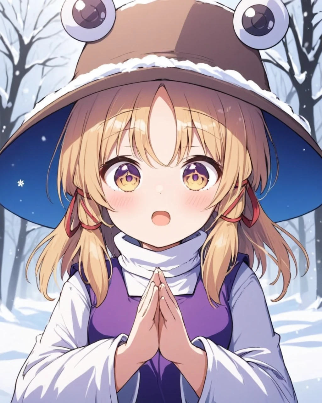 moriya suwako,1girl, solo, hat, wide_sleeves, long_sleeves, blush, brown_headwear, purple_vest, open_mouth, looking_at_viewer, snow, snowing, white_shirt, own_hands_together, hair_ribbon, red_ribbon, upper_body, outdoors, bright_pupils, breath, turtleneck, winter
<lora:moriya_suwako_image6645_2023-12-17-000007:1>,star-shaped_pupils,symbol-shaped_pupils,. gorgeous,key visual, vibrant, studio anime,award-winning, professional, highly detailed,high budget, cinemascope