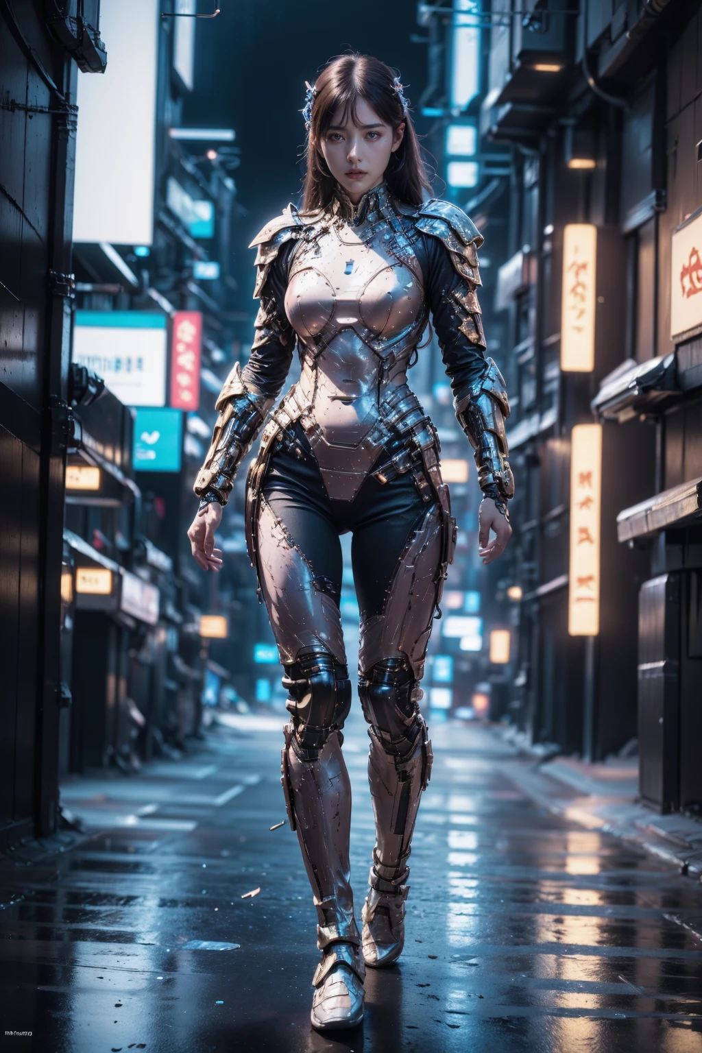 (best quality:1.4),(masterpiece:1.4),(photorealistic:1.4),(Realistic:1.2),(ultra high res, raw photo:1.4),(hdr, hyperdetailed:1.2),(8K:1.2),1girl,chinese clothes,(cyberpunk armor:1.3),looking at viewer,solo,standing,full body,<lora:CyberChineseClothes_B:0.8>,