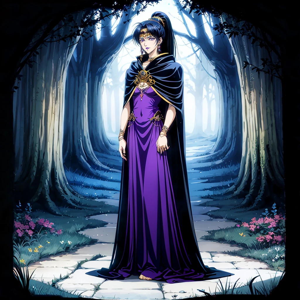 <lora:Karla002:0.7>,<lora:add_detail:1>,<lora:boldline:-0.3>,<lora:noline:0.3>,
Karla,1girl,
ponytail,black hair,purple eyes,purple lips,
circlet,necklace,earrings,
black dress,cloak,
full body,nature,