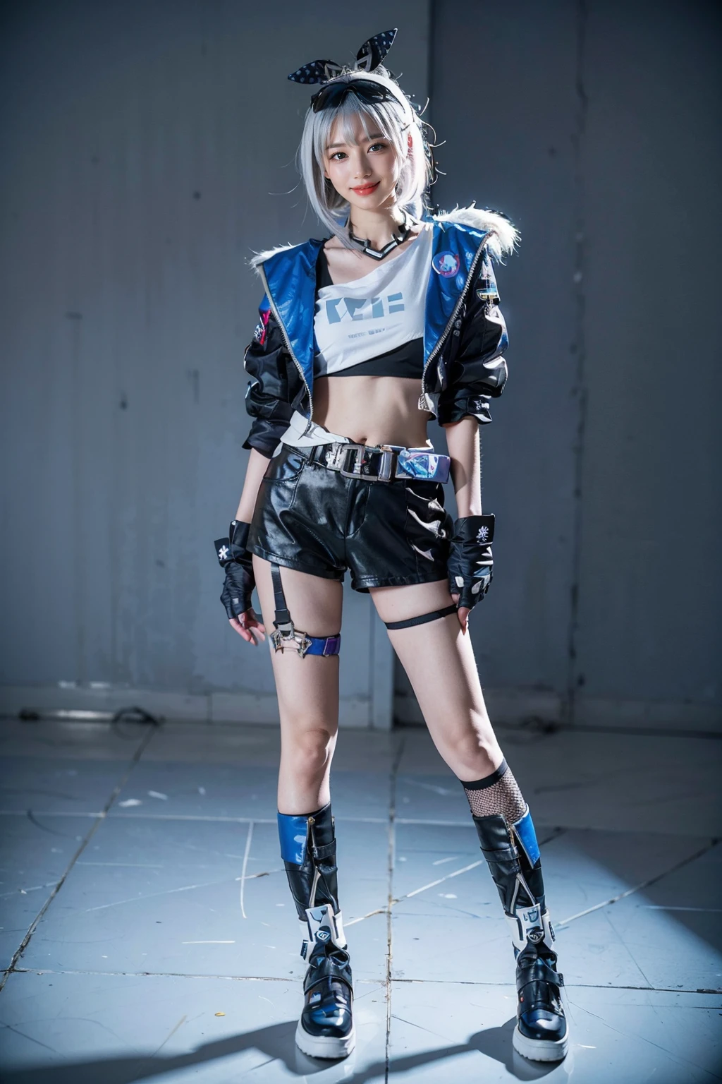 best quality, masterpiece, photorealistic, 1girl, solo, standing, arms at side, full body, looking at viewer, smile, closed mouth, bangs, hair between eyes, silverwolf cosplay costume, cosplay, silverwolf, white hair, hair bow, eyewear on head, hair ornament, cropped jacket, jacket, shorts, crop top, cropped shirt, belt, fingerless gloves, bandaid, single fishnet legwear, thigh strap, boots, <lora:starrail_silverwolf_cosplay_v2:0.7>
