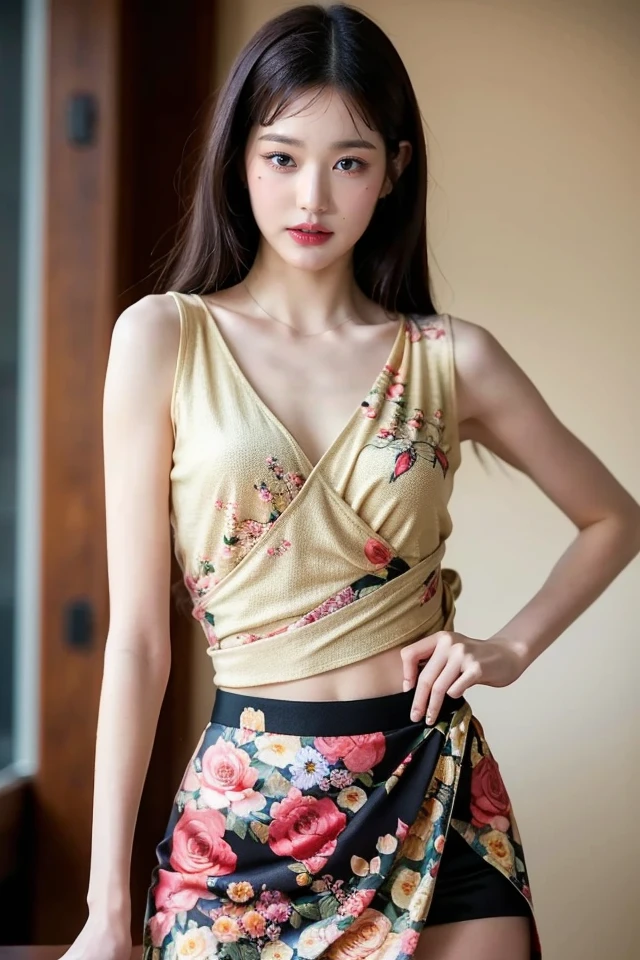 1girl,best quality,masterpiece,illustration,an extremely delicate and beautiful,CG,unity,8k wallpaper,Amazing,finely detail,masterpiece,official art,extremely detailed CG unity 8k wallpaper,incredibly absurdres,huge filesize,ultra-detailed,highres,extremely detailed,beautiful detailed girl,realistic,<lora:Jang Won Youn_20231228032409:0.8>,(Wrap_top:1.5),(Floral_printed_skirt:1.4),