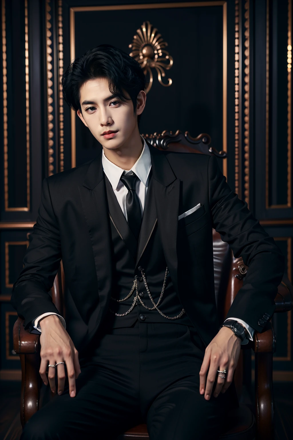 sd mai, Suit thug, watch, wristwatch, 1boy, male focus, formal, solo, suit, necktie, black hair, sitting, black pants, looking at viewer, shirt, jacket, pants, black jacket, ring, chair, white shirt, jewelry, black necktie, black suit, collared shirt, short hair
<lora:è¥¿è£æ´å¾Suit thug:0.8>,