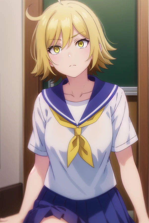 uraraurakata, <lora:urara urakata s1-lora-nochekaiser:1>,
urara urakata, short hair, blonde hair, ahoge, (yellow eyes:1.5),
BREAK skirt, school uniform, ahoge, pleated skirt, shoes, serafuku, socks, blue skirt, neckerchief, white socks,
BREAK indoors, classroom,
BREAK looking at viewer, (cowboy shot:1.5),
BREAK <lyco:GoodHands-beta2:1>, (masterpiece:1.2), best quality, high resolution, unity 8k wallpaper, (illustration:0.8), (beautiful detailed eyes:1.6), extremely detailed face, perfect lighting, extremely detailed CG, (perfect hands, perfect anatomy),