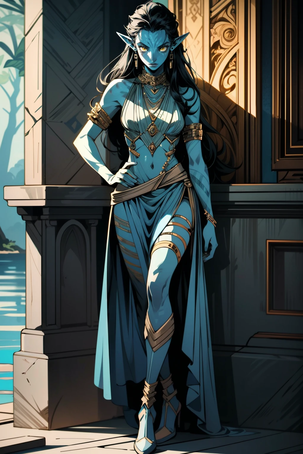 ((ultra detailed, masterpiece, best quality))
<lora:AvatarNeytiri:0.9>
AvatarNeytiri, 1girl, solo, black hair, yellow eyes, blue skin, pointy ears, jewelry, earrings, full body, pose