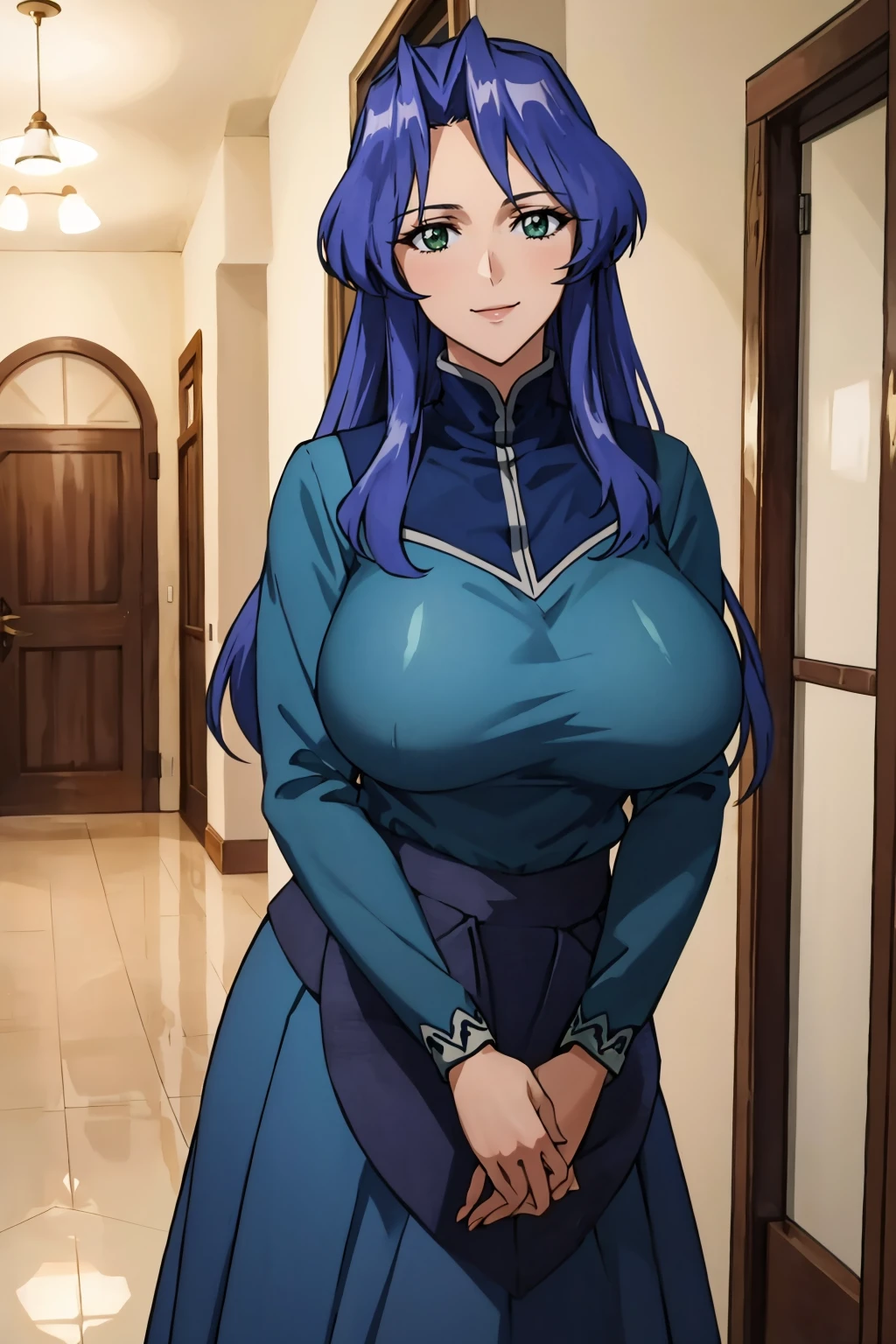 masterpiece, best quality, <lora:valkfreya-nvwls-v1-000009:0.8> valkfreya, green eyes, blue t-shirt, huge breasts, long sleeves, long skirt, hallway, looking at viewer, smile, indoors