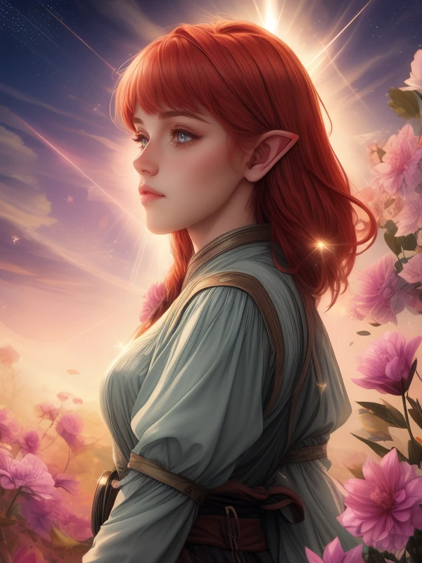 a girl, <lora:half-elf_ears_v1:1> half-elf ears, beautiful girl, three quater view, redhead, highlight eyes, detailed eyes, luminous eyes
flowers, beautiful sky, clouds, lens flare, sparkles
dawn, shoulder level shot, diffused lighting, crepuscular rays, volumetric lighting
art nouveau style, ultrarealistic, photorealistic, many details <lora:add_detail:0.7>