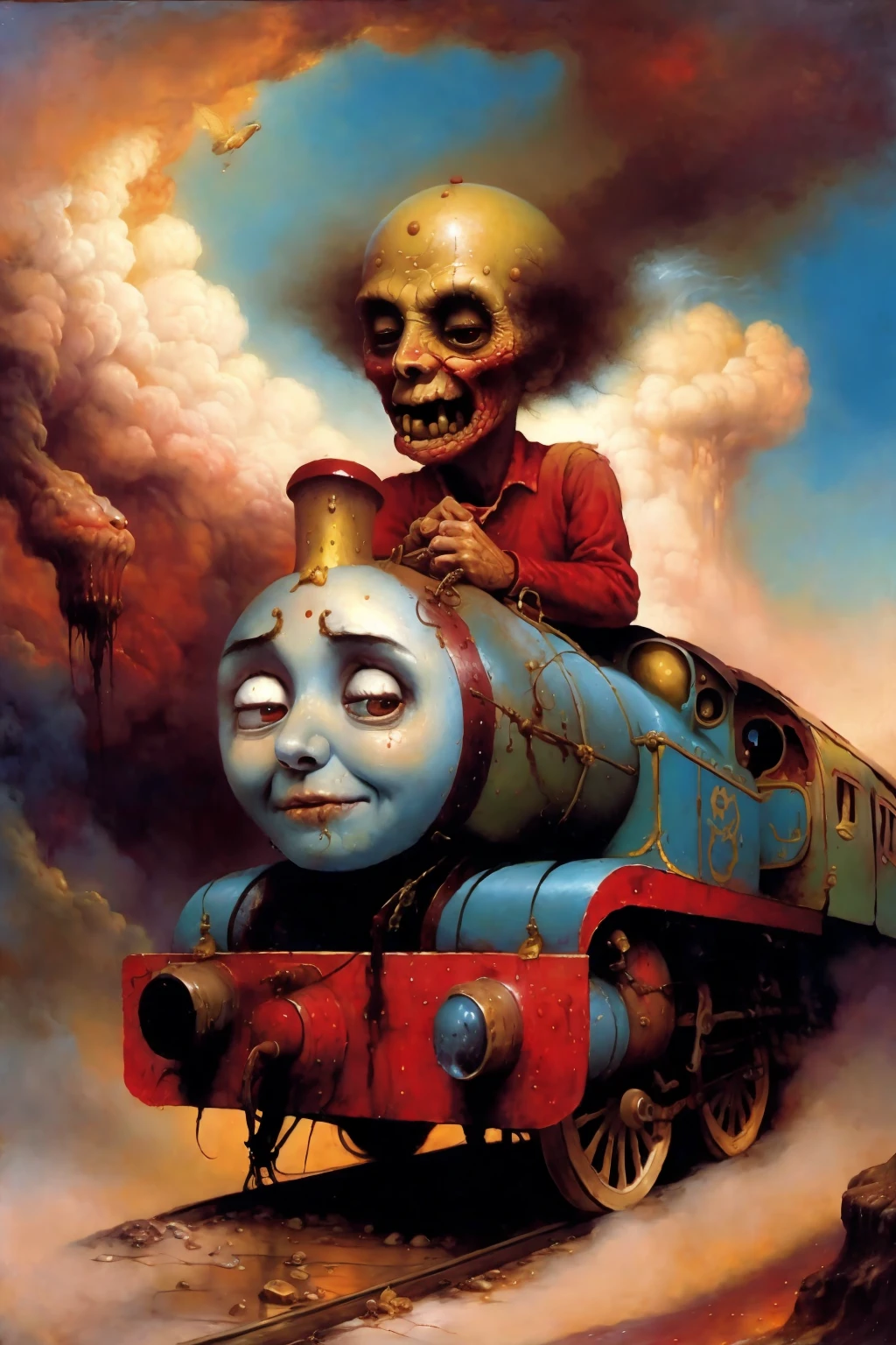 fantasy illustration, by Ray Caesar, oil painting,((thomas the train)), in hell, beksinski, lowbrow, lowbrow art,
Negative prompt: popskull_neg_v5, (cutout, sharp lines, fine-liner, HDR, contrasted, 3d render, bad composition, bad Anatomy, morphing, )
Steps: 20, Sampler: DPM++ 2M SDE Karras, CFG scale: 6, Seed: 3052281328, Size: 512x768, Model hash: cf48ef63a0, Model: PopSkull06.fp16, Denoising strength: 0.4, Hires upscale: 2, Hires upscaler: 4x_NMKD-DigArt_10k, Eta: 0.8, Version: v1.7.0