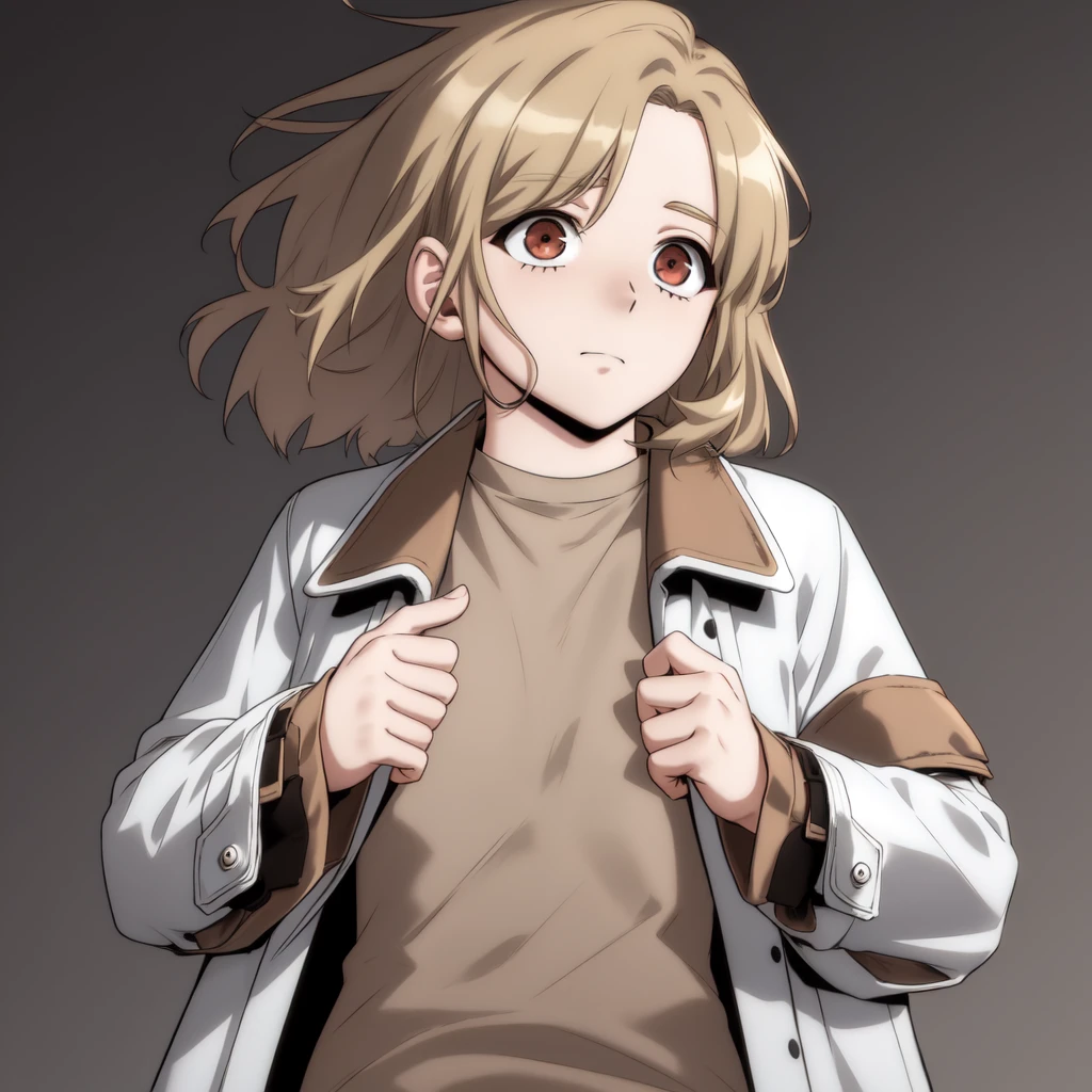 <lora:ì ì ì¹-10:0.7>,1girl, solo, blonde hair,brown eyes,medium hair,  short sleeves,open clothes, coat, white jacket, denim, clenched hands,  brown shirt, layered sleeves, short over long sleeves, long sleeves,