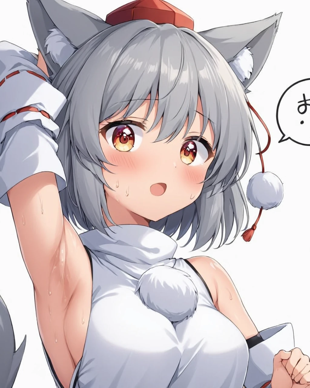 inubashiri momiji,1girl, solo, detached_sleeves, wolf_tail, tokin_hat, pom_pom_\(clothes\), armpits, open_mouth, simple_background, looking_at_viewer, upper_body, bare_shoulders, sweat, wolf_girl, speech_bubble, arm_up, white_shirt, grey_background, medium_breasts, blush, sleeveless
<lora:inubashiri_momiji_image8018_2023-12-20-000007:1>,star-shaped_pupils,symbol-shaped_pupils,. gorgeous,key visual, vibrant, studio anime,award-winning, professional, highly detailed,high budget, cinemascope