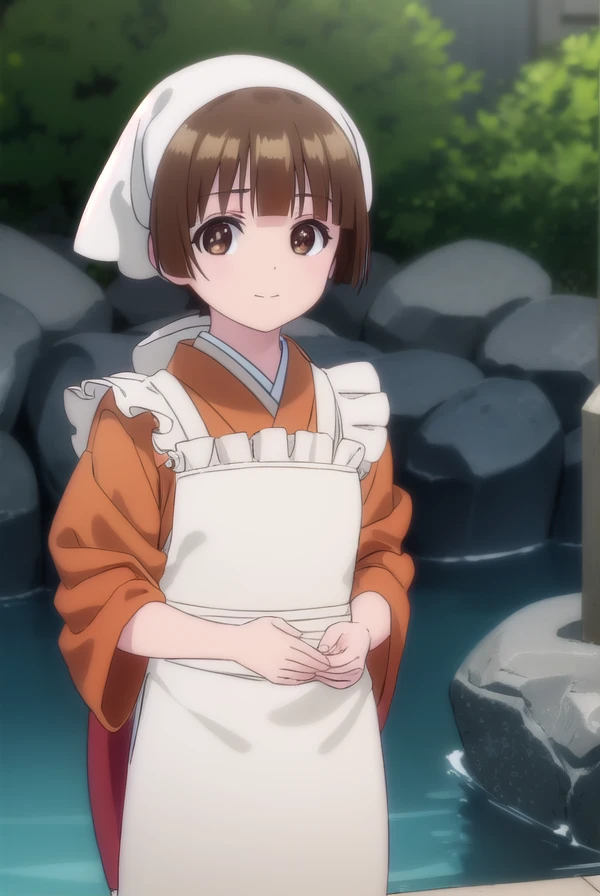 nakaichitose, <lora:nakai chitose s1-lora-nochekaiser:1>,
nakai chitose, short hair, brown hair, (brown eyes:1.3), bangs, blunt bangs, smile,
BREAK japanese clothes, kimono, apron, head scarf,
BREAK outdoors, hot spring, onsen,
BREAK looking at viewer, (cowboy shot:1.5),
BREAK <lyco:GoodHands-beta2:1>, (masterpiece:1.2), best quality, high resolution, unity 8k wallpaper, (illustration:0.8), (beautiful detailed eyes:1.6), extremely detailed face, perfect lighting, extremely detailed CG, (perfect hands, perfect anatomy),