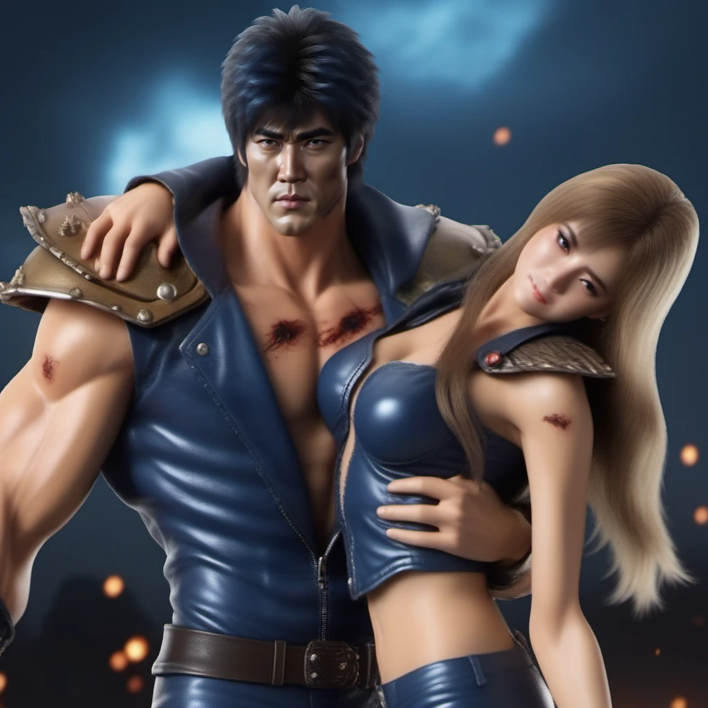 HokutoNoKen1024, a man with scares on the chest, blue leather suit, holding a woman, post apocalyptic background , highly detailed, photography, ultra sharp, film, bokeh, professional, 64k <lora:HokutoNoKen1024:0.8>