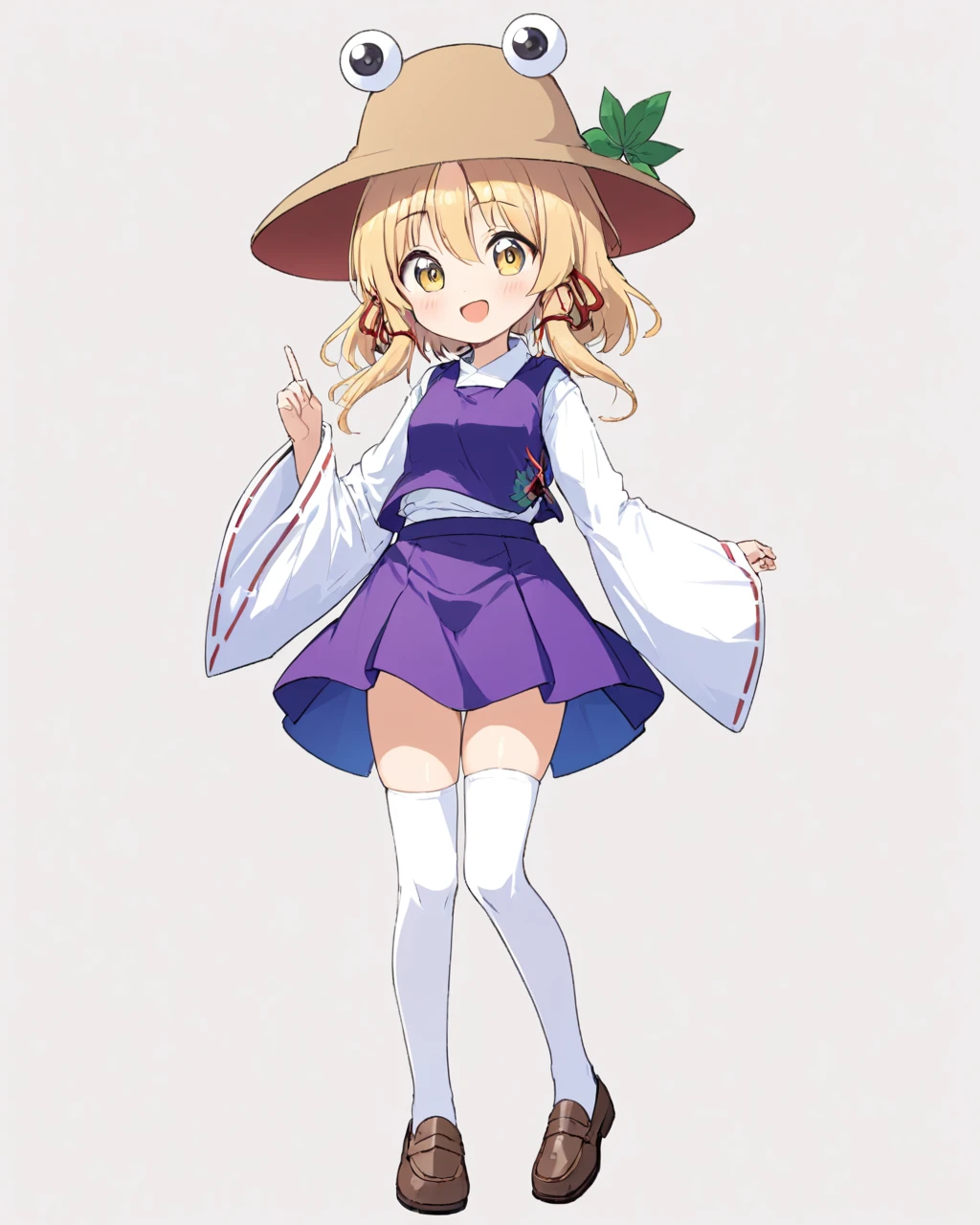 moriya suwako,1girl, solo, white_thighhighs, hat, white_background, simple_background, hair_ribbon, long_sleeves, looking_at_viewer, full_body, purple_skirt, brown_footwear, wide_sleeves, open_mouth, purple_vest, blush, loafers, standing, smile, white_shirt, holding_leaf, miniskirt, red_ribbon
<lora:moriya_suwako_image6645_2023-12-17-000007:1>,star-shaped_pupils,symbol-shaped_pupils,. gorgeous,key visual, vibrant, studio anime,award-winning, professional, highly detailed,high budget, cinemascope
