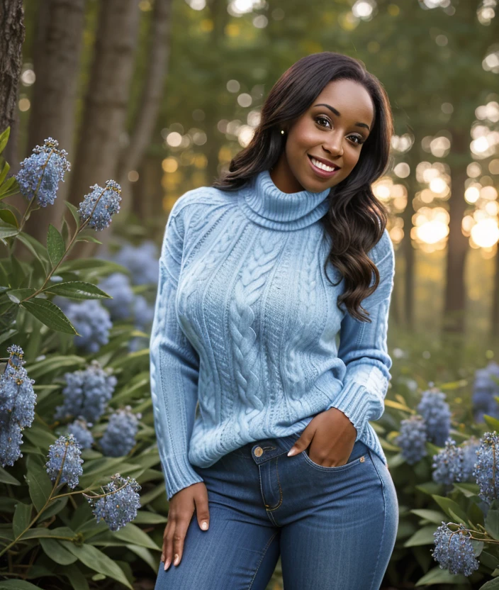 c0d1br1 , smile, nature, breast, Colorful flowers, Sunset, soft light, intricate, upper body, Hallerbos, (Blue flowers in the undergrowth), codi bryant, ((Turtleneck sweater)), jeans