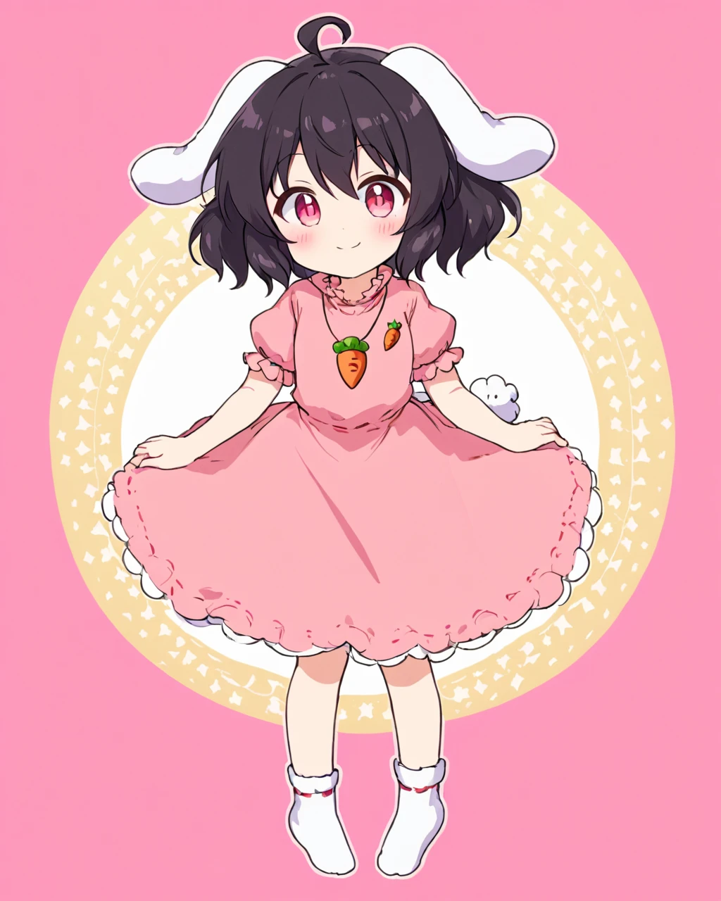 inaba tewi,1girl, solo, carrot_necklace, pink_dress, rabbit_tail, smile, blush, full_body, looking_at_viewer, simple_background, ahoge, rabbit_girl, socks, pink_background, closed_mouth, puffy_short_sleeves, carrot
<lora:inaba_tewi_image5751_2023-12-14-000008:1>,star-shaped_pupils,symbol-shaped_pupils,. gorgeous,key visual, vibrant, studio anime,award-winning, professional, highly detailed,high budget, cinemascope