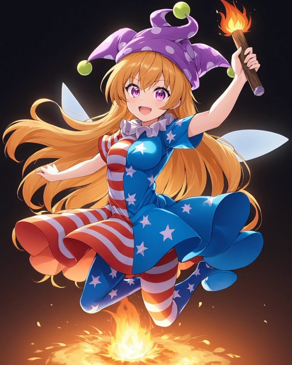 clownpiece,1girl, solo, jester_cap, torch, polka_dot, fairy_wings, american_flag_dress, purple_headwear, star_print, american_flag_legwear, open_mouth, star_\(symbol\), holding, looking_at_viewer, pantyhose, striped, smile, polka_dot_headwear, neck_ruff, dress, full_body, teeth, fire, glowing, medium_breasts
<lora:clownpiece_image6545_2023-12-20:1>,star-shaped_pupils,symbol-shaped_pupils,. gorgeous,key visual, vibrant, studio anime,award-winning, professional, highly detailed,high budget, cinemascope