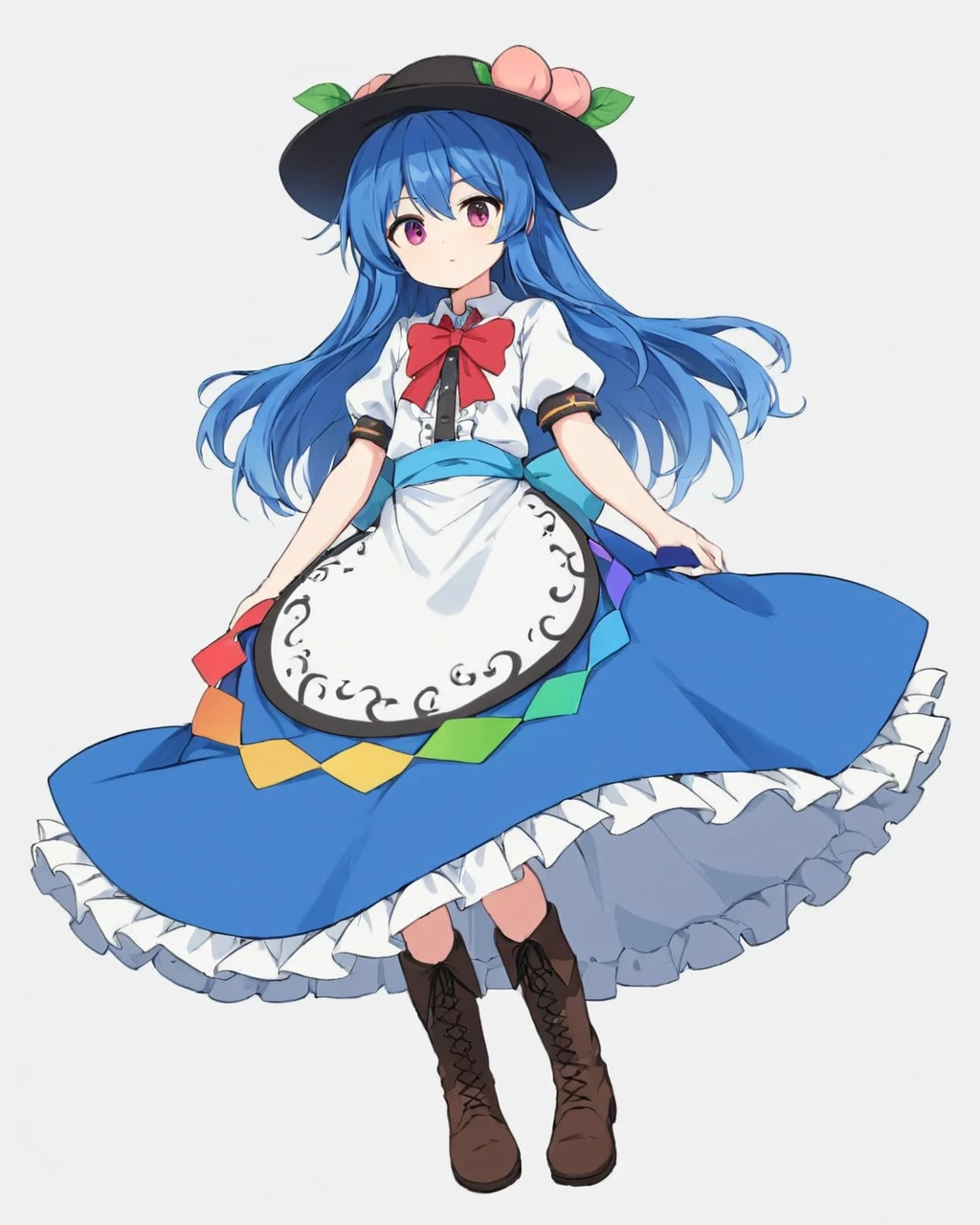 hinanawi tenshi,1girl, solo, hat, color_guide, blue_skirt, white_shirt, black_headwear, boots, cross-laced_footwear, rainbow_order, apron, peach, red_bowtie, simple_background, white_background, leaf, feet_out_of_frame, frilled_skirt, puffy_short_sleeves, center_frills, parted_lips
<lora:hinanawi_tenshi_image10043_2023-12-20:1>,star-shaped_pupils,symbol-shaped_pupils,. gorgeous,key visual, vibrant, studio anime,award-winning, professional, highly detailed,high budget, cinemascope