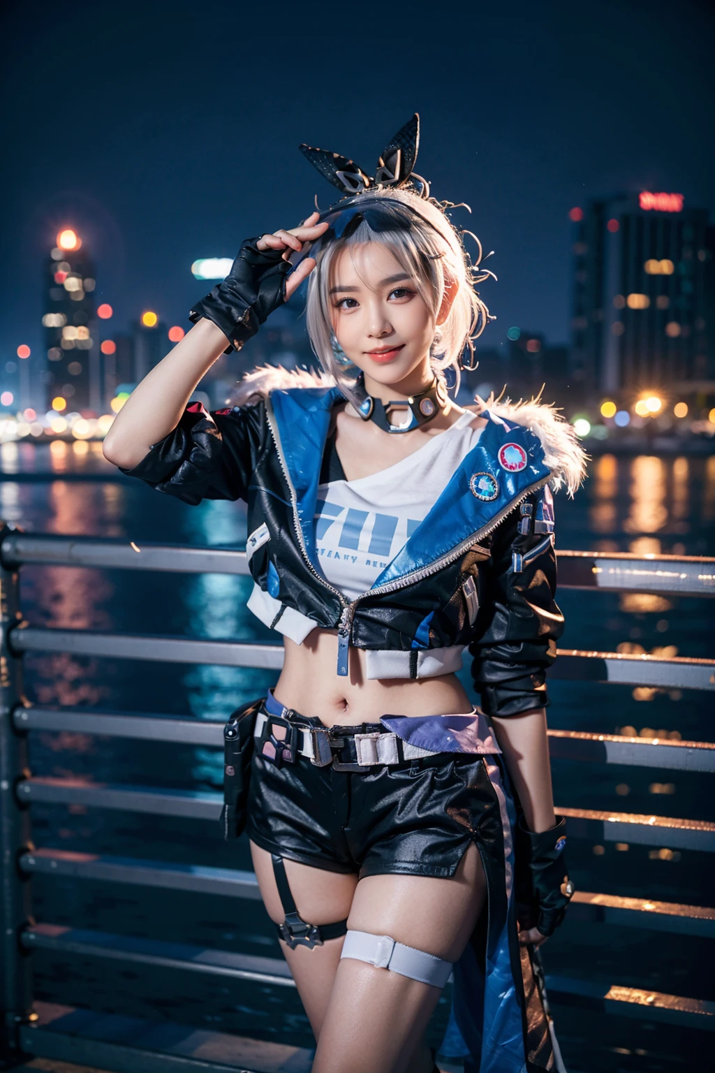 best quality, masterpiece, photorealistic, 1girl, solo, standing, cowboy shot, looking at viewer, bangs, hair between eyes, silverwolf cosplay costume, cosplay, silverwolf, white hair, drill hair, hair bow, eyewear on head, hair ornament, jacket, shorts, belt, fingerless gloves, bandaid, single fishnet legwear, thigh strap, boots, night, cyberpunk, city, cityscape, neon lights, neon trim, <lora:starrail_silverwolf_cosplay_v2:0.7>