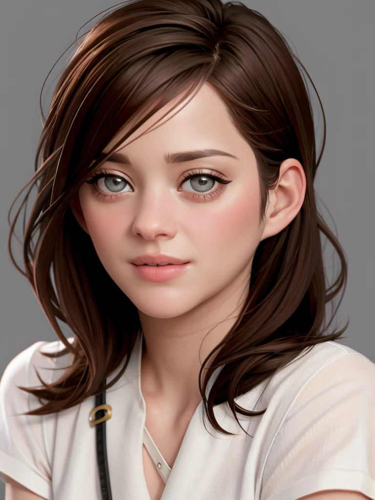 Realistic photo of a beautiful m4r10nc woman,1girl,solo,long hair,looking at viewer,simple background,brown hair,shirt,upper body,short sleeves,parted lips,teeth,belt,grey background,lips,realistic,soft lighting, professional Photography, Photorealistic, detailed, RAW, analog, sharp focus, 8k, HD, high quality, masterpiece<lora:m4r10nc:1.0>