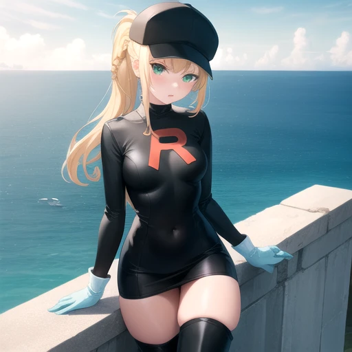 ((masterpiece)),(best quality),official art,extremely detailed CG,unity 8k wallpaper,ultra detailed,A lighthouse on a cliff by the sea,1girl,solo,cowboy shot,looking at viewer,belt,grey gloves,hair rings,thigh boots,grey boots,french braid,blunt bangs,black headwear,green eyes,covered navel,cabbie hat,black hat,blonde hair,clothes writing,long hair,high ponytail,short dress,black dress,pokemon (game),pokemon lgpe,team rocket,team rocket grunt,team rocket uniform,medium breasts,<lora:Team Rocket Grunt(pok)>,