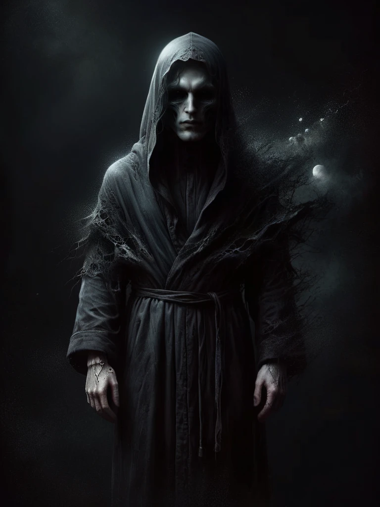 Man in black robe standing in darkness, album cover, by Balázs Diószegi, tumblr, horror gothic art, veil, moonless night, darkness, dark and muted colors, caretaker, faceless, dark background <lora:ral-dissolve:1> ral-dissolve
