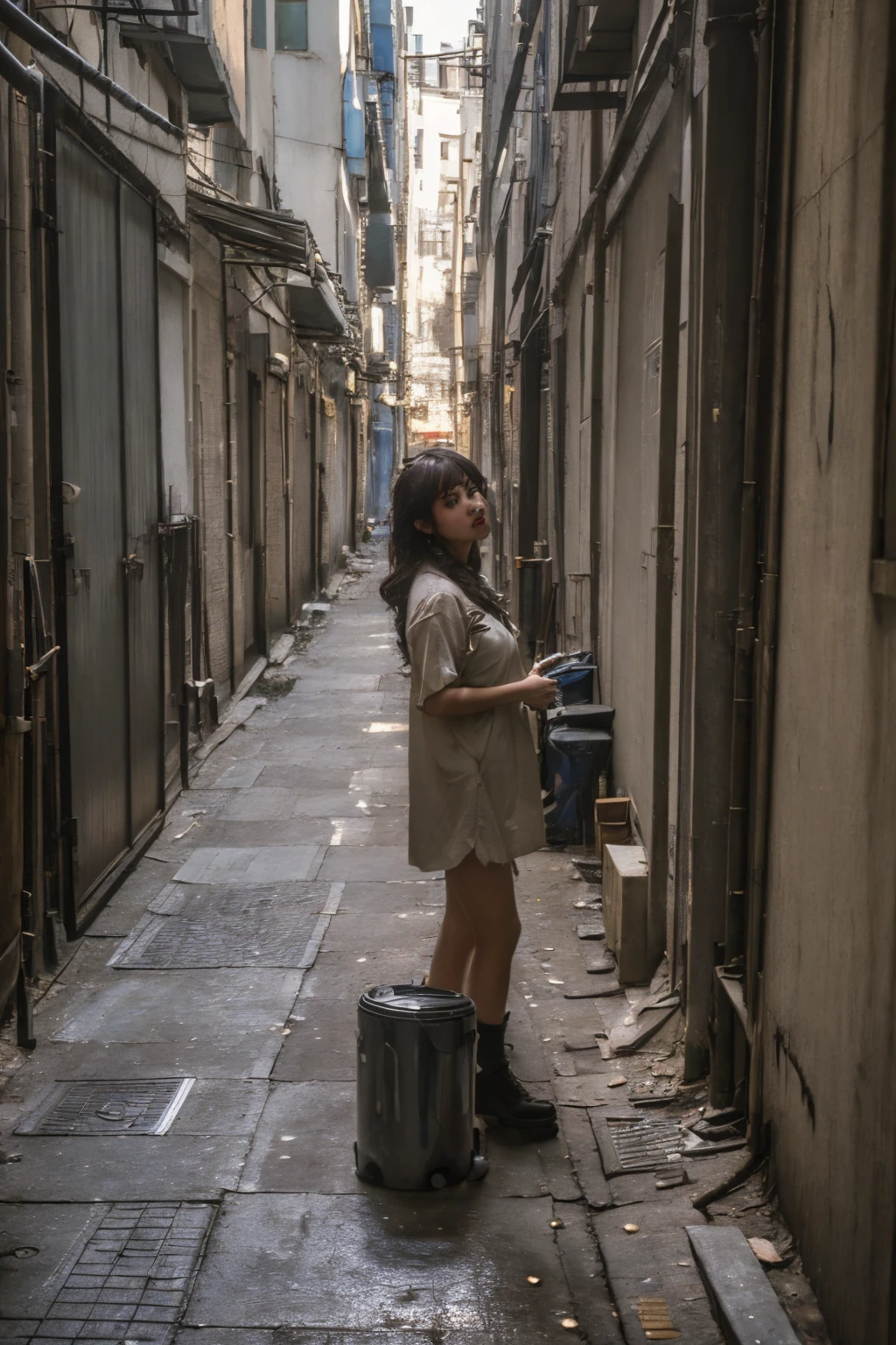no humans,outdoors,<lora:dirty alley_v1:0.5>,ruanyi046,dirty alley,dappled_sunshine,, (8k, RAW photo, best quality, masterpiece:1.3),(realistic, photo-realistic:1.37),realistic skin texture,(photorealistic:1.3),(hyperrealistic:1.2), 1 cute girl,solo,( beautiful eyes:1.2),perfect face