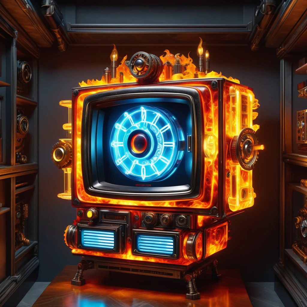 hyper detailed masterpiece, dynamic, awesome quality,DonMF1r3XL firey time traveler's nexus, wall sconce,closet organizers,mechanized gears,television, soapstone stone, compact fluorescent lamps, pin spot lighting, cyberpunk <lora:DonMF1r3XL-000006:0.85>