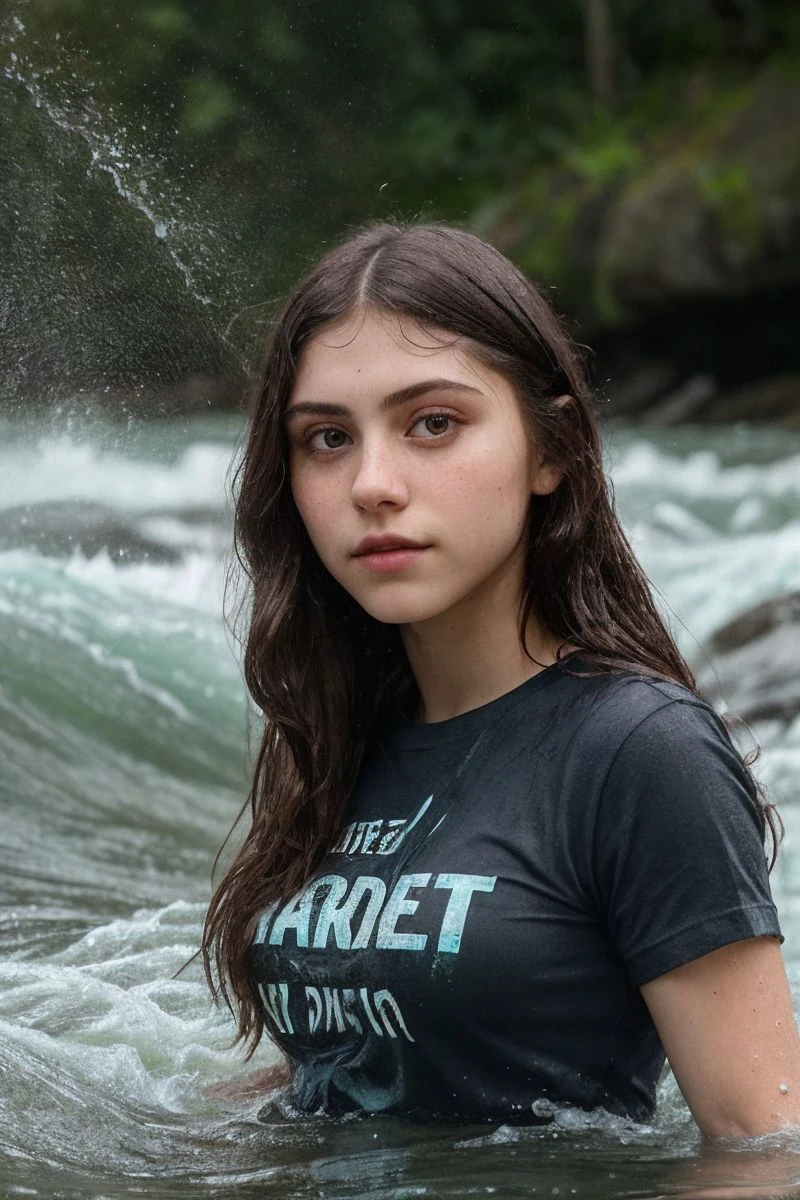 portrait of S272_SofiaEspanha,a beautiful woman,in a (rapids:1.1),wearing a (t-shirt:1.1),(wet-hair),(4k, RAW photo, best quality, depth of field, ultra high res:1.1),(absurdres, intricate, photorealistic, masterpiece, ultra-detailed:1.2),