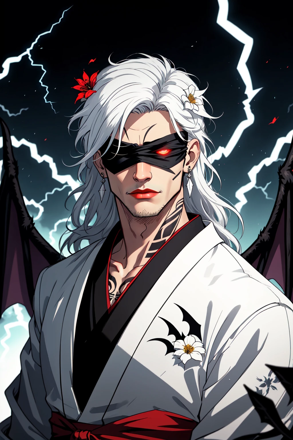 1boy, male focus, mature male, solo, long hair, closed mouth, maori, pasifika, tattoo, facial tattoo, upper body, flower, hair ornament, jewelry, two tone hair, red hair, streaked hair, white hair, earrings, japanese clothes, hair flower, kimono, lips, white flower, bat wings, demon wings, black feathered wings, glowing, lightning bolts, magic, specular highlights, black background, white kimono, blindfold, red lips, covered eyes,