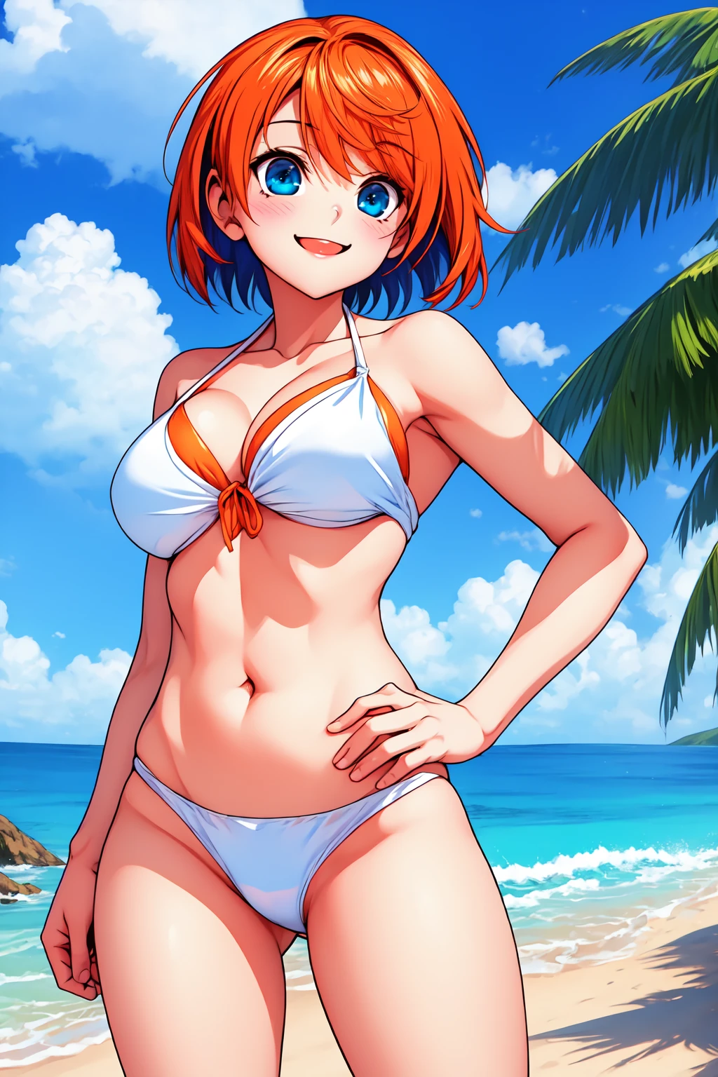 1girl, smile, standing, cowboy shot, beach,
yuragisou_chisaki, blue eyes, orange hair, short hair, white bikini, <lora:yuragisou_chisaki_lora_ver1:0.8>, best quality, masterpiece, highres, <lora:GoodHands-vanilla:1>