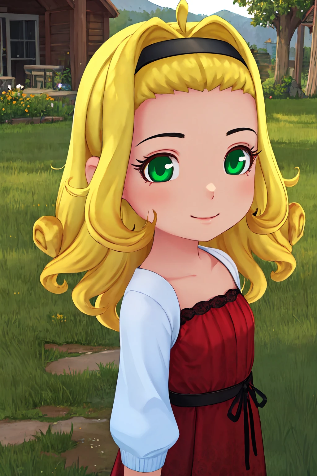 portrait, sharp focus, soft lighting, illustration, depth of field, outdoors, grass, plants, muffy, 1girl, solo, long hair, blonde hair, red dress, curly hair, green eyes ,hairband, smile, white sleeves, looking at viewer, <lora:muffy-000003:0.75> <lora:artist-gomennasai:0.35>