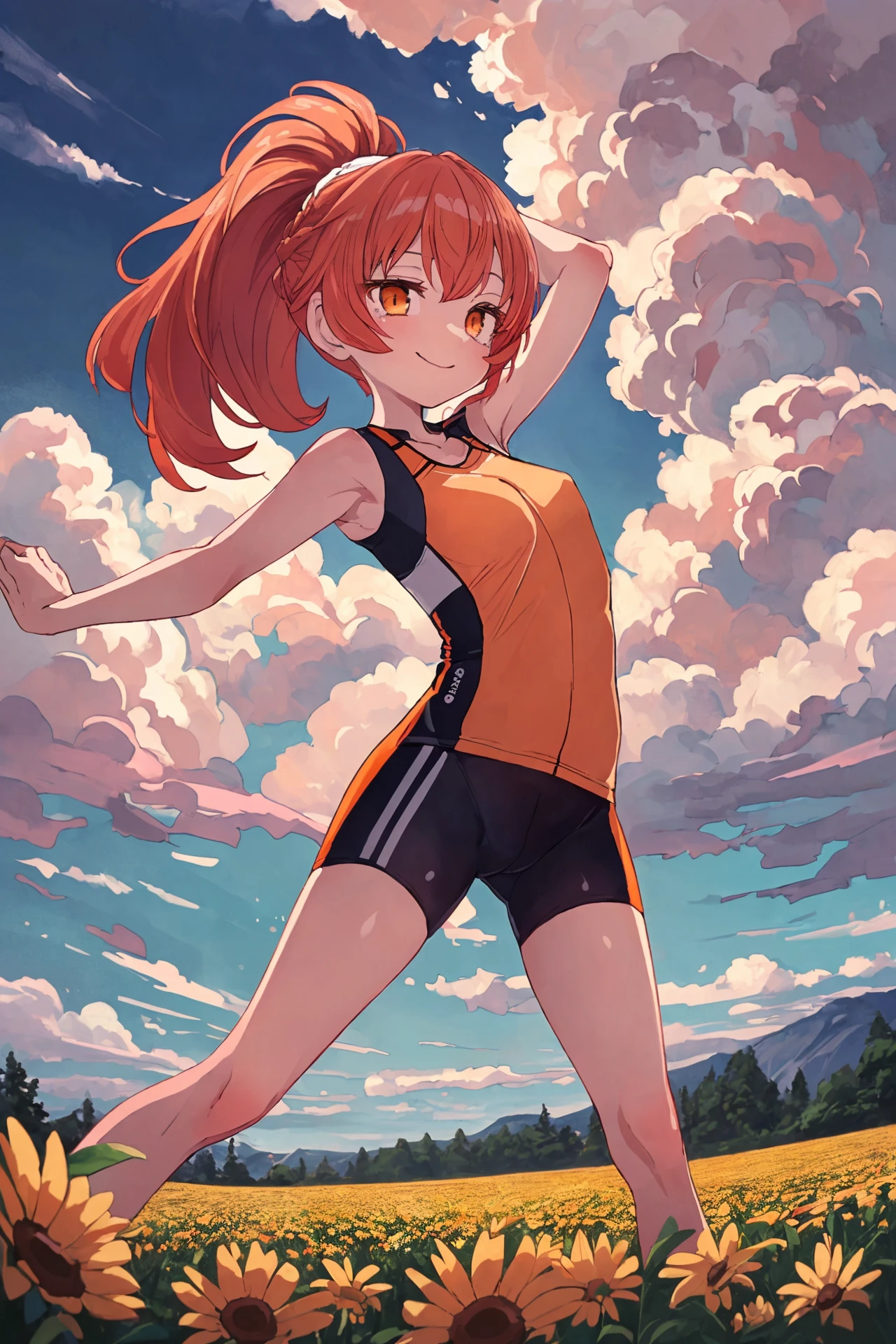 <lora:sumiyao+MEI2-000014:0.7> sumiyao+, (masterpiece, top quality, extremely detailed, best quality, beautiful and aesthetic:1.2), (1girl:1.3), original, high resolution, surreal,, full body, flower field, flowers, day, clouds, (dynamic pose:1.2), orange hair, very long hair, ponytail, orange eyes, young, Cycling bib shorts and performance jersey, small breasts, tearing up, cap, seductive smile