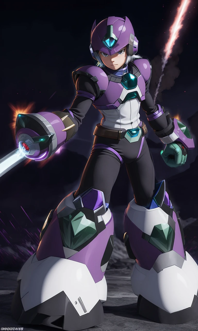 mgmgrv2023, 1boy, best quality, masterpiece, 5 fingers, depth of field, 5 fingers, intricate, arm cannon, photorealistic, purple armor, green accents, energy sword, white hair, powerful, megaman, helmet,