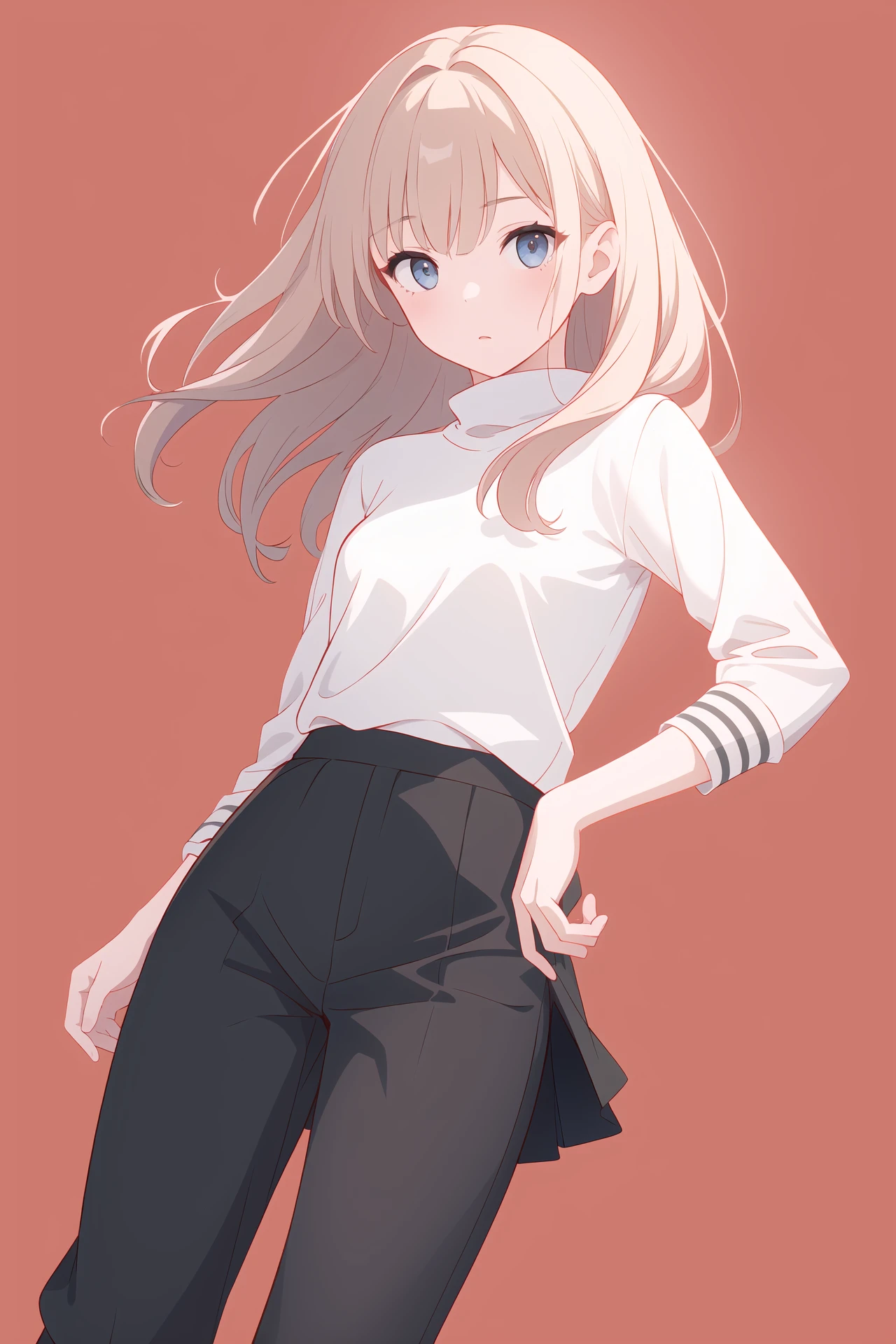(best quality, masterpiece, highres),1girl,solo,pointy hair,wool pants,Medium length skirt,straight-on,panasonic lumix s pro 50mm,dynamic_angle,simple background,